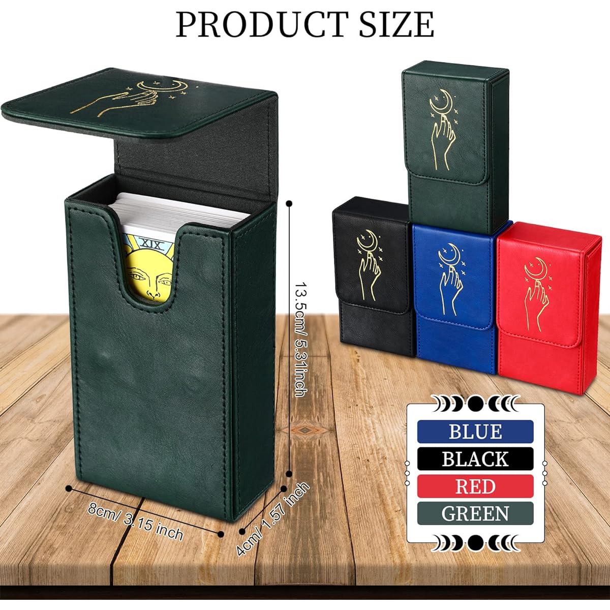 Kigeli 4 Pieces PU Leather Tarot Card Deck Holder, Tarot Deck Card Box, Moon Hand Design Tarot Organizer Storage Box for Most Standard Size Tarot Cards, Perfect for Beginners