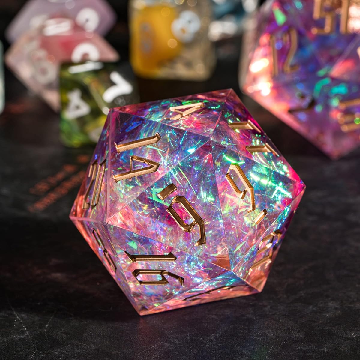 Cusdie Single D20 DND Dice with Sharp Edges and Glitter Foil Inclusions 20 Sided D&D Dice 33mm Handcrafted Polyhedral Dice for Role Playing Games MTG Pathfinder (Pink)