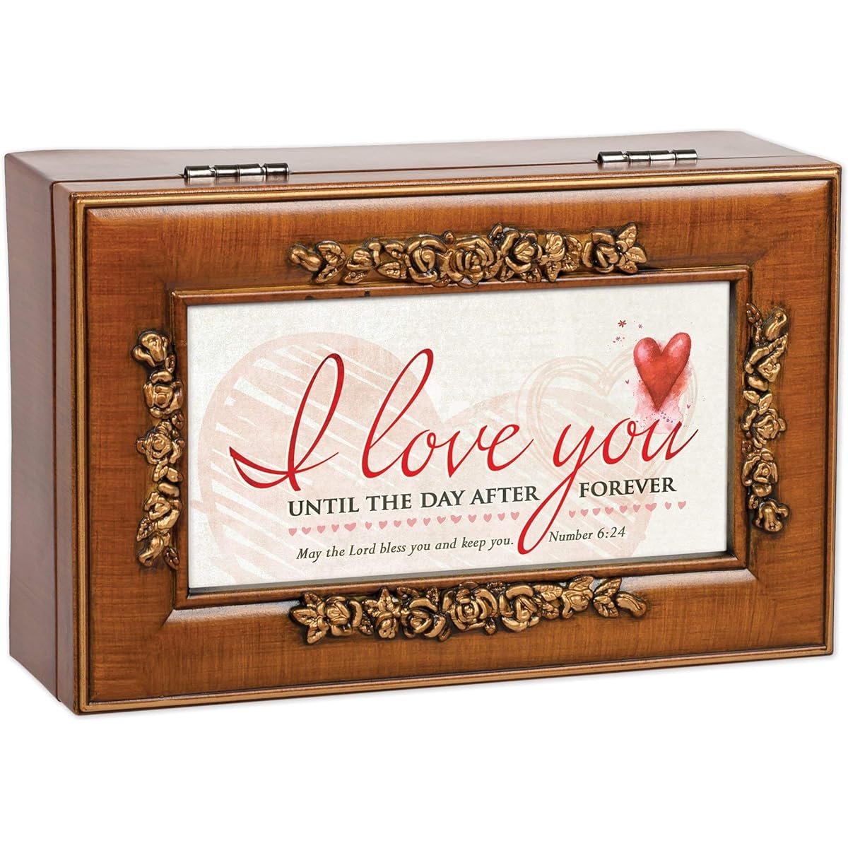 I Love You Wood Finish Rose Jewelry Music Box Plays Amazing Grace