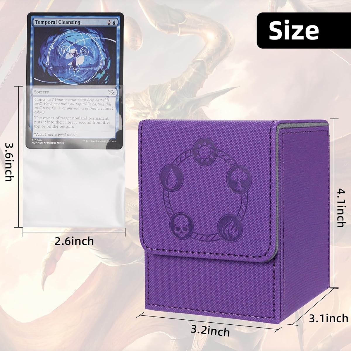 AFIING MTG Deck Box Card Storage Box for MTG Commander Cards, Fits 100+ Sleeved Cards, PU Leather Strong Magnetic Card Deck Case for Magic Commander TCG with 100 PVC Card Holders (Purple)