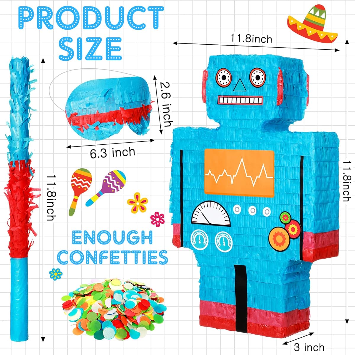 Robot Pinata Birthday Party Supplies Robot Party Decorations with Blindfold Bat and Confetti for Kids Birthday Baby Shower Boys Girls Games 16 x 9.5 x 3 inches