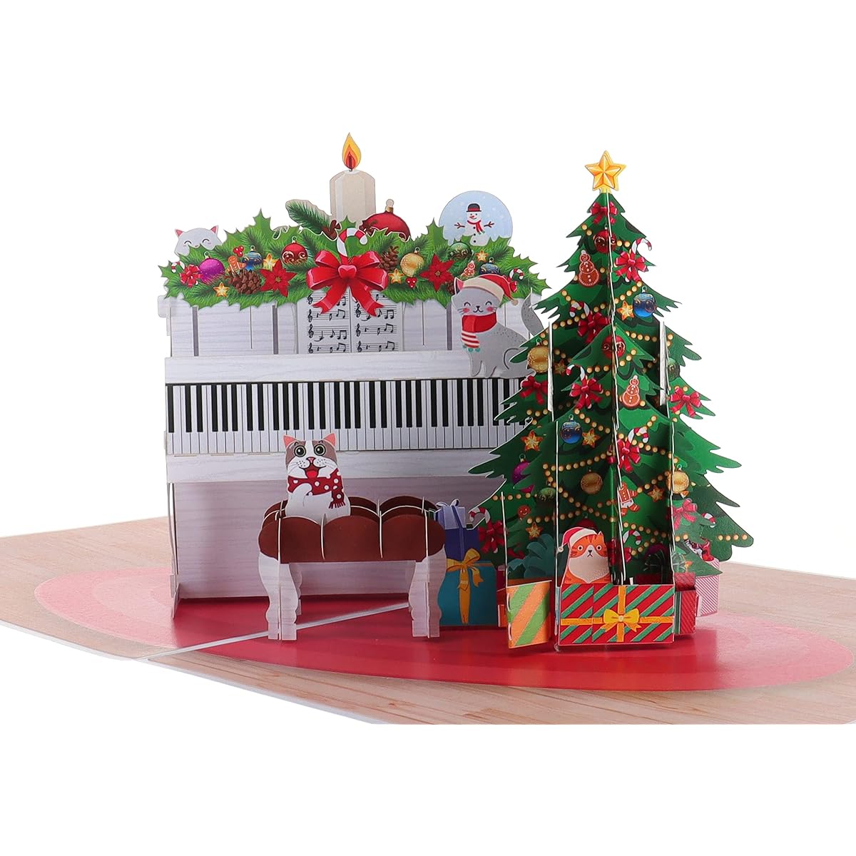 iGifts and Cards Happy Holidays Cat and Piano 3D Pop Up Greeting Card - Fancy Cat Family Christmas Gift, Feliz Navidad Kitty, Funny Season's Greetings Kitten, Cool Cat Lover Present 8 x 6 Inch