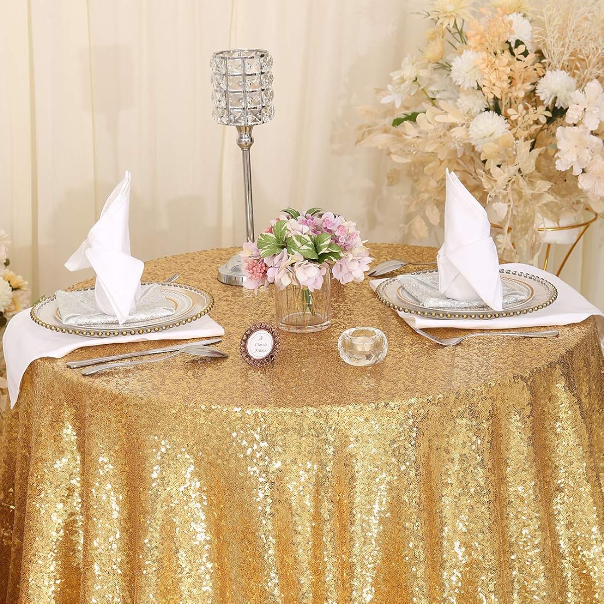 SquarePie Sequin Tablecloth Gold 120" Round Sparkly Table Linen for Wedding Birthday Party