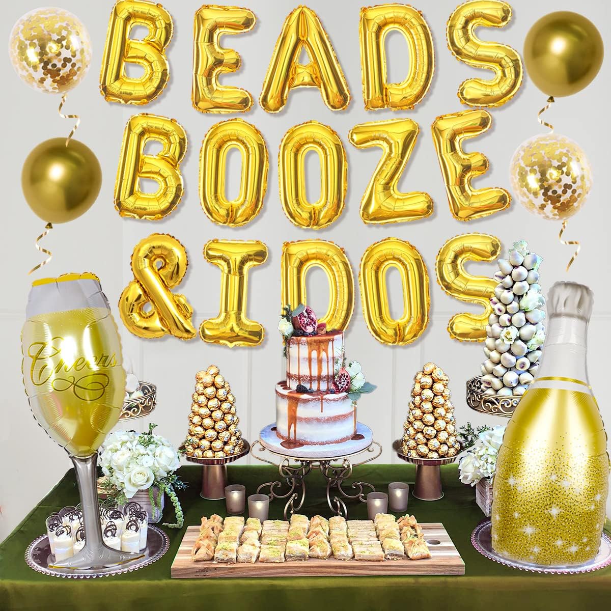 Mardi Gras Bachelorette Party Decorations Gold - Beaded Boos and I Dos Balloon Banner, Nola Bachelorette Bridal Shower, Engagement Hend Party, Ring, Champagne Bottle, Glass Goblet Foil Balloons