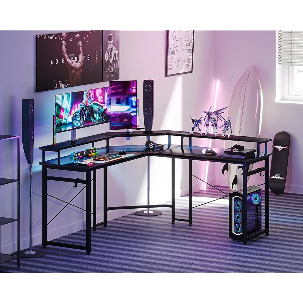 ODK Gaming Desk L-shaped Computer Desk L-shaped Desk Desk Width 129 with Outlet PC Desk L-shaped Desk Storage Corner Desk Office Desk for Work from Home Easy to Assemble Black