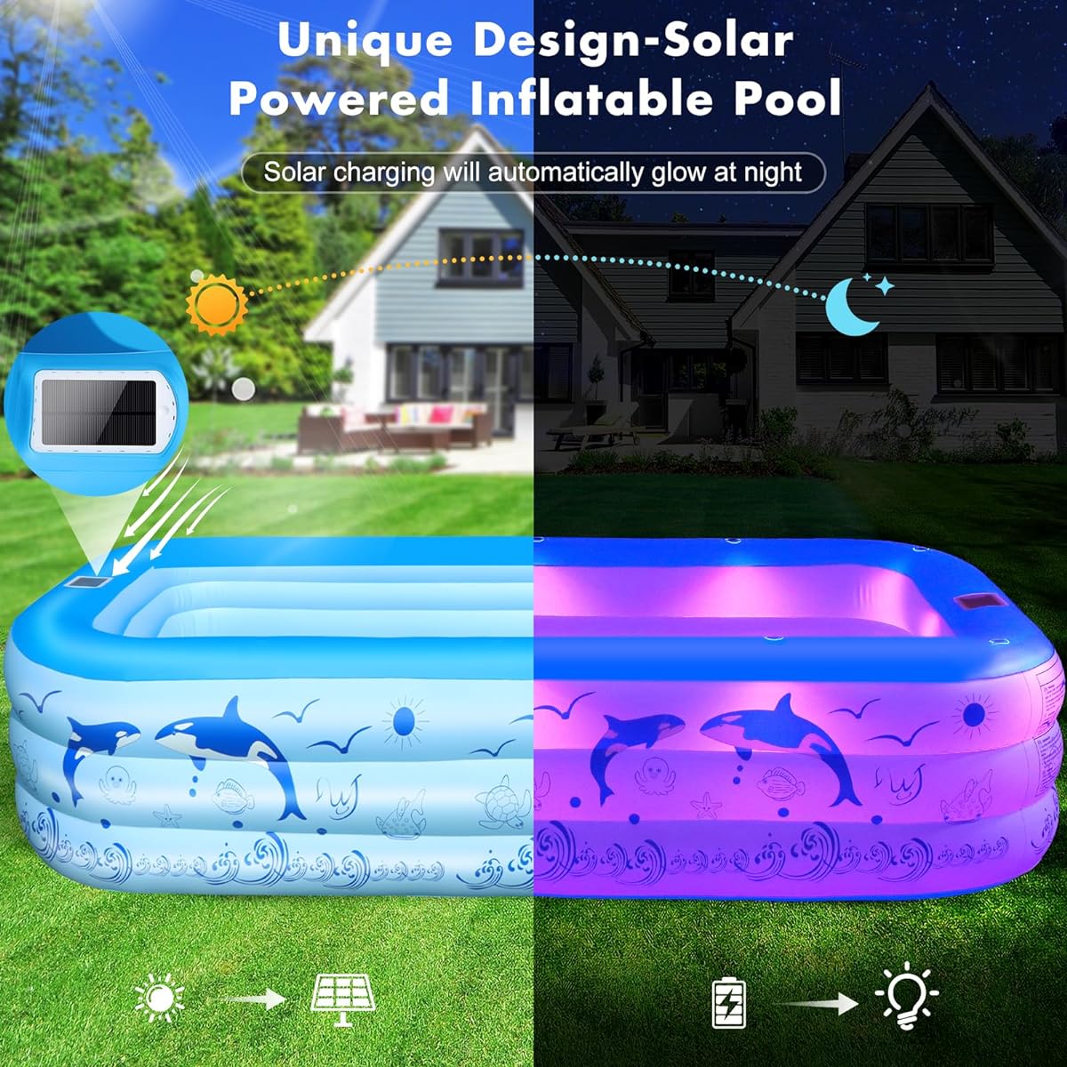 StarOcean Inflatable Pool with Lights, 2024 Upgraded Family Inflatable Pool for Kids and Adults, Blow Up Pool, Solar Powered, Large Kid Pool, 105" x 65" x 25", Extra Large Thick Pool for Backyard