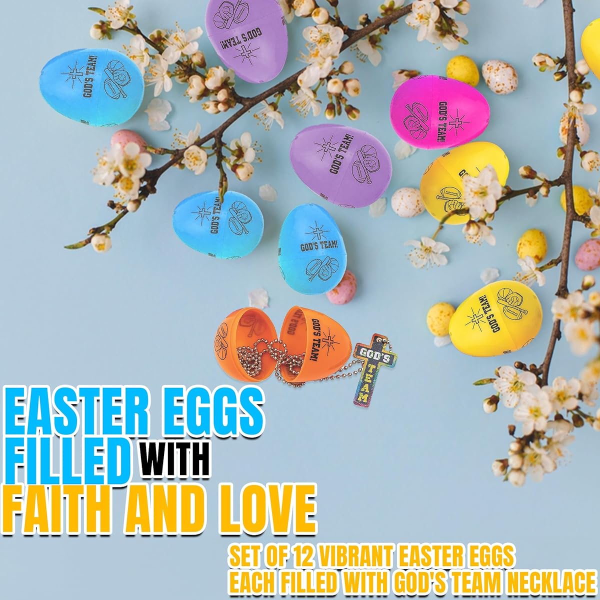 God's Team Necklace Plastic Easter Eggs Religious Easter and Sunday School Supplies 12 Pieces
