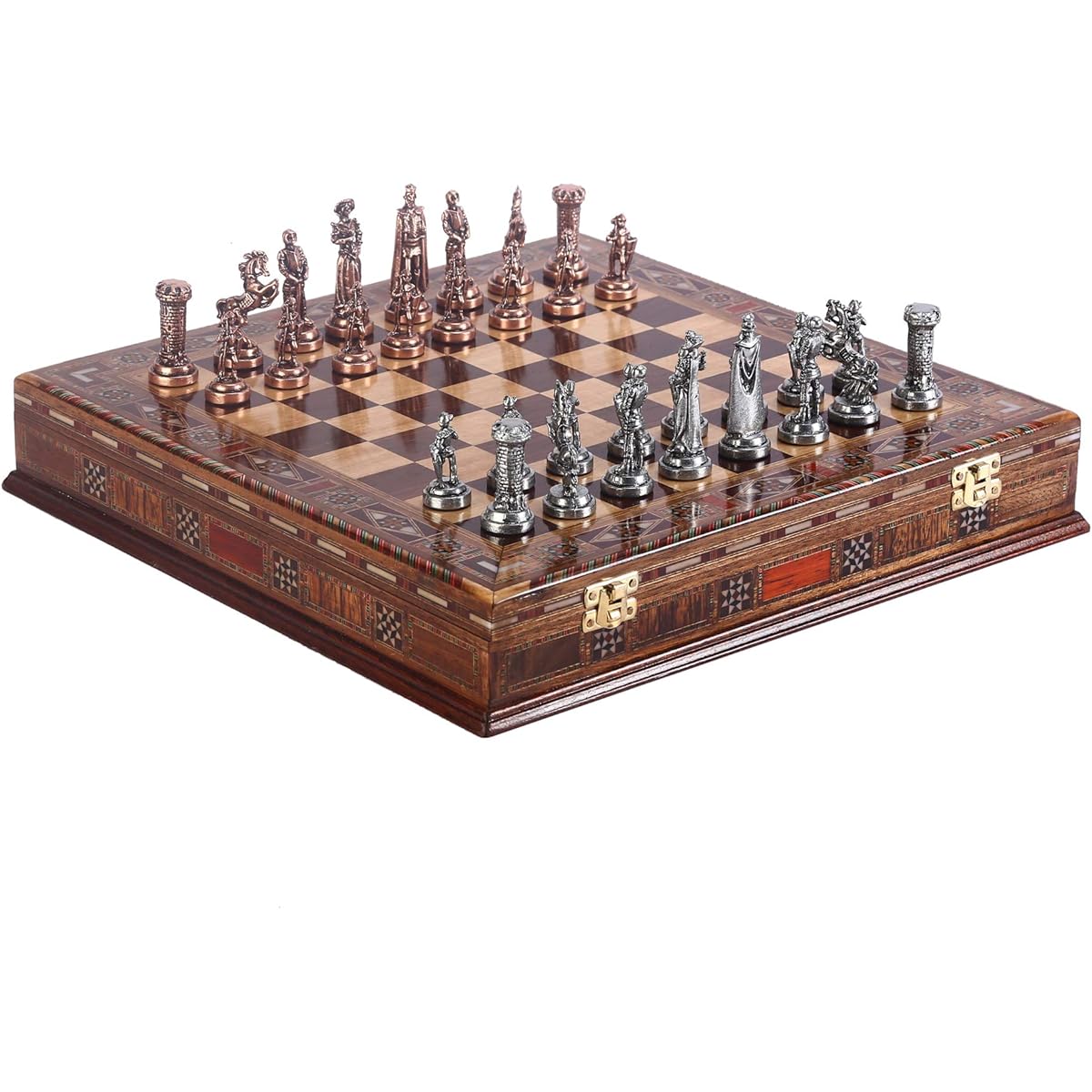 Medieval British Antique Copper Metal Chess Set for Adults, Handmade Pieces, Natural Solid Wood Chess Board, Pearl Design, Board Periphery Storage, King 2,75 Inch