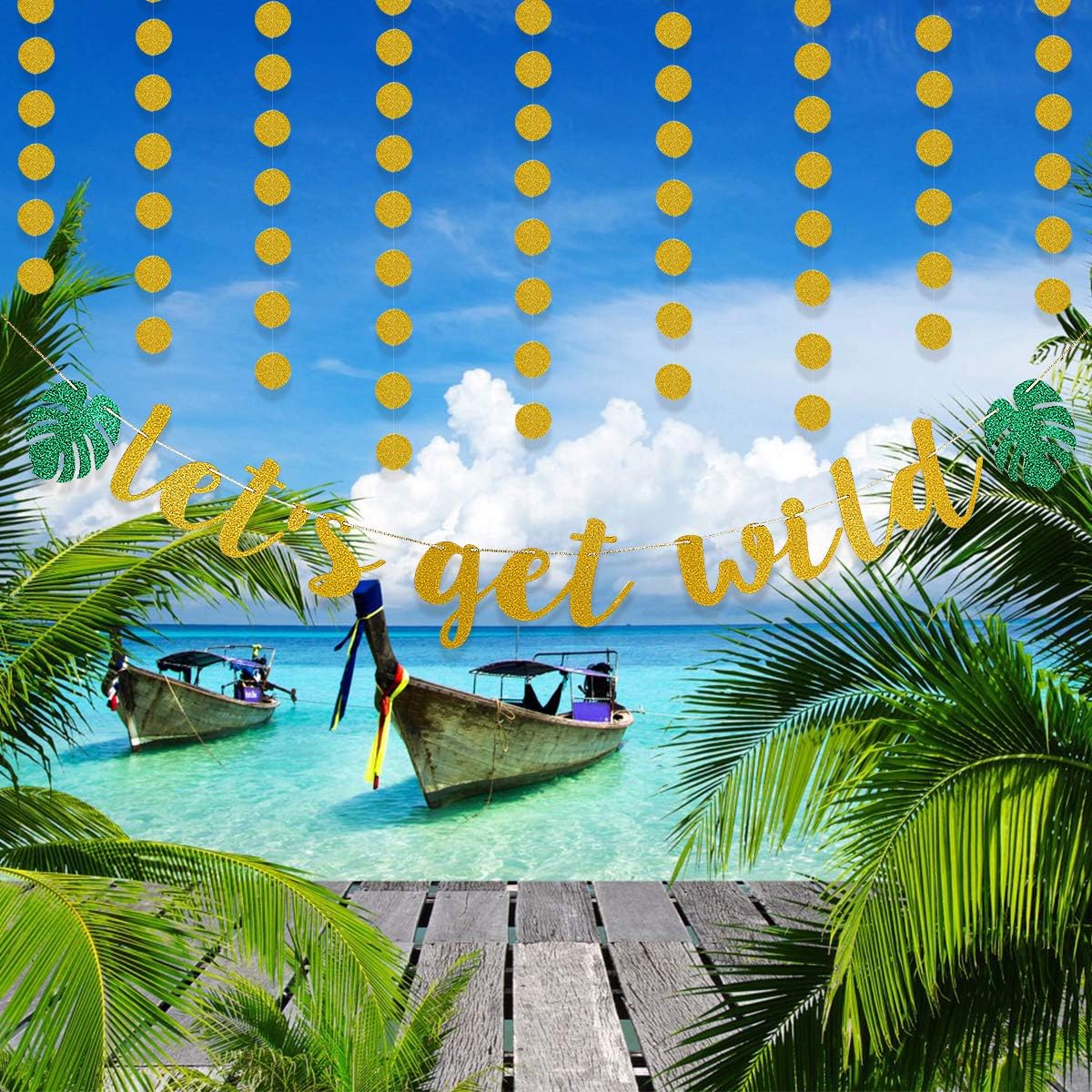 Gold Glitter "Let's Get Wild" Banner and Gold Glitter Circle Dot Garland Tropical Jungle Theme Birthday Hawaii Luau Party Decorations Supplies