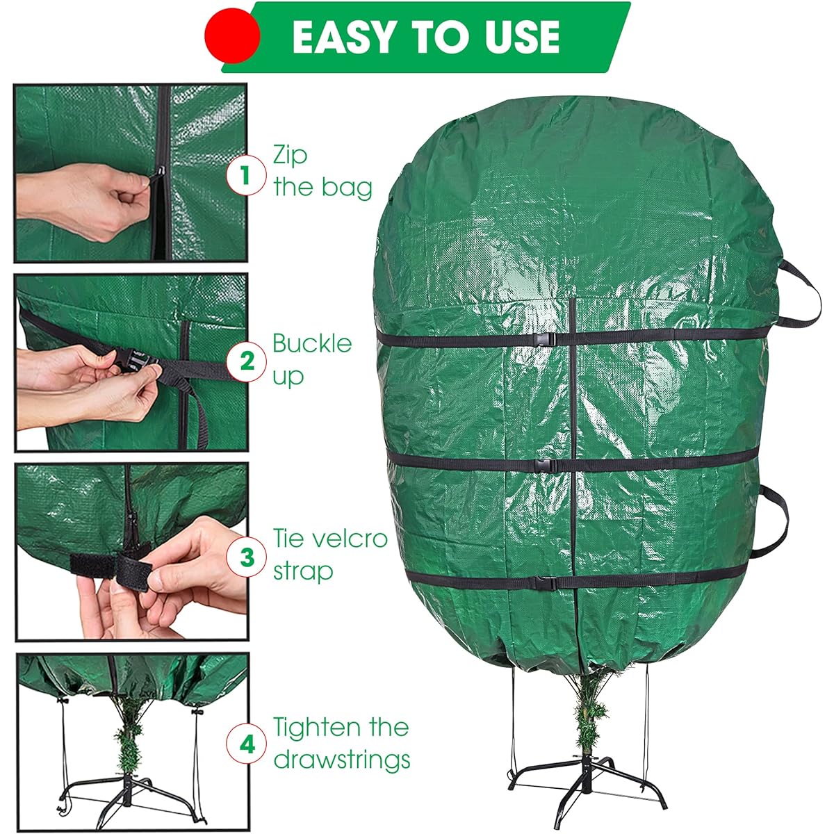 ProPik Upright Christmas Tree Storage Bag - Fits 9' Christmas Trees - Heavy Duty Polyethylene Waterproof Bag - Reusable - Adjustable Zipper Closure - Ergonomic Carrying Handle - 9' - Green