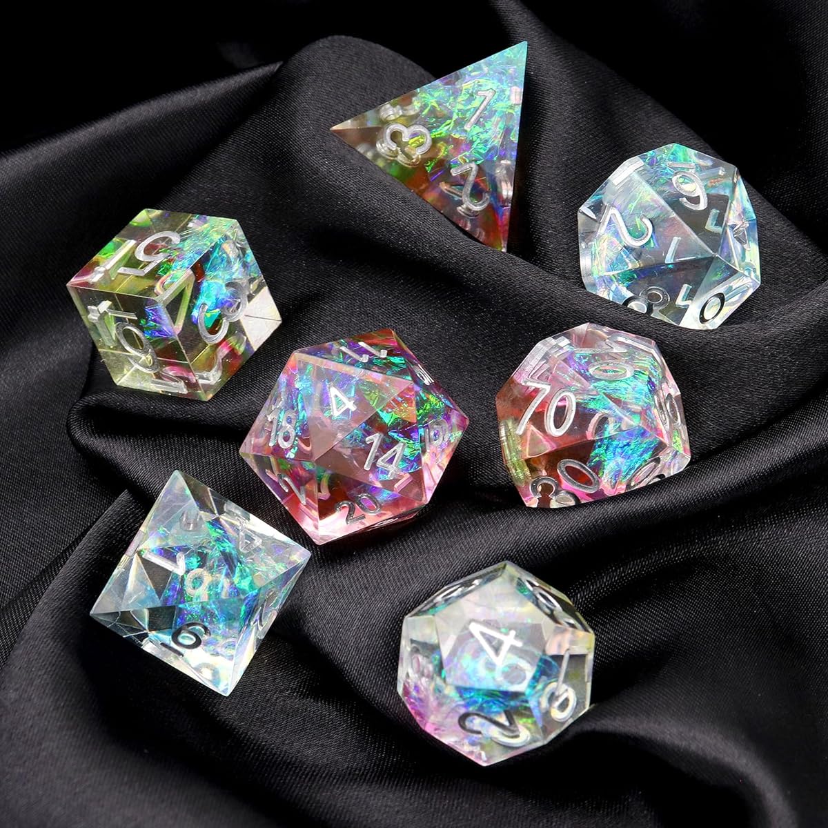 Haxtec Sharp Edge Dice Set DND Dice with Iridescent Mylar Inclusions Cosmos Resin Dice Galaxy D&D Dice RPG Role Playing Dungeons & Dragons Gift