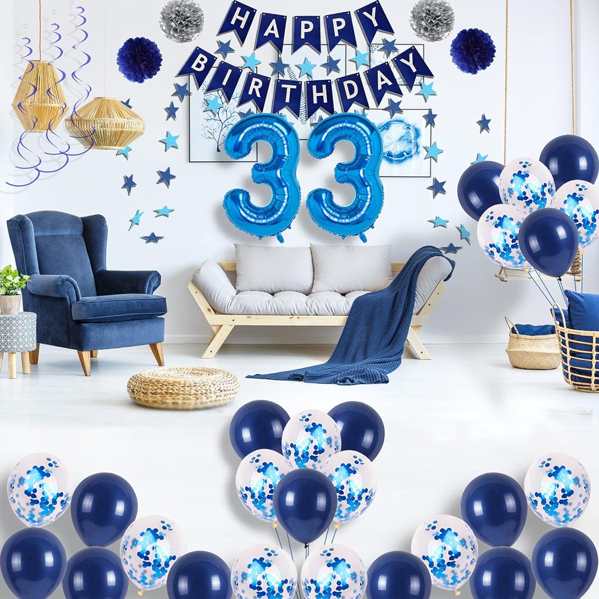 NANINUNENO 33 Years Old Blue Birthday Party Decorations for Boys Girls Men Women Happy 33 Birthday Party Supplies Happy Birthday Banner 33 Number Balloons Blue Star Streamers Hanging Swirls