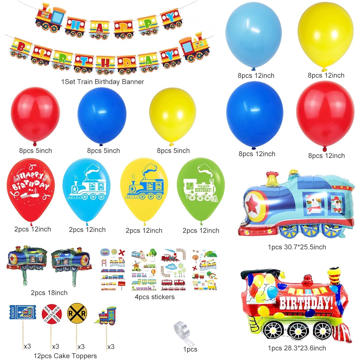 SILBLASSYU Train Birthday Party Set - Train Party Decorations, Train Balloons, Garland, Train Birthday Banner, Train Balloons, Train Cupcake Toppers for Steam Locomotive Birthday Party, Baby Shower