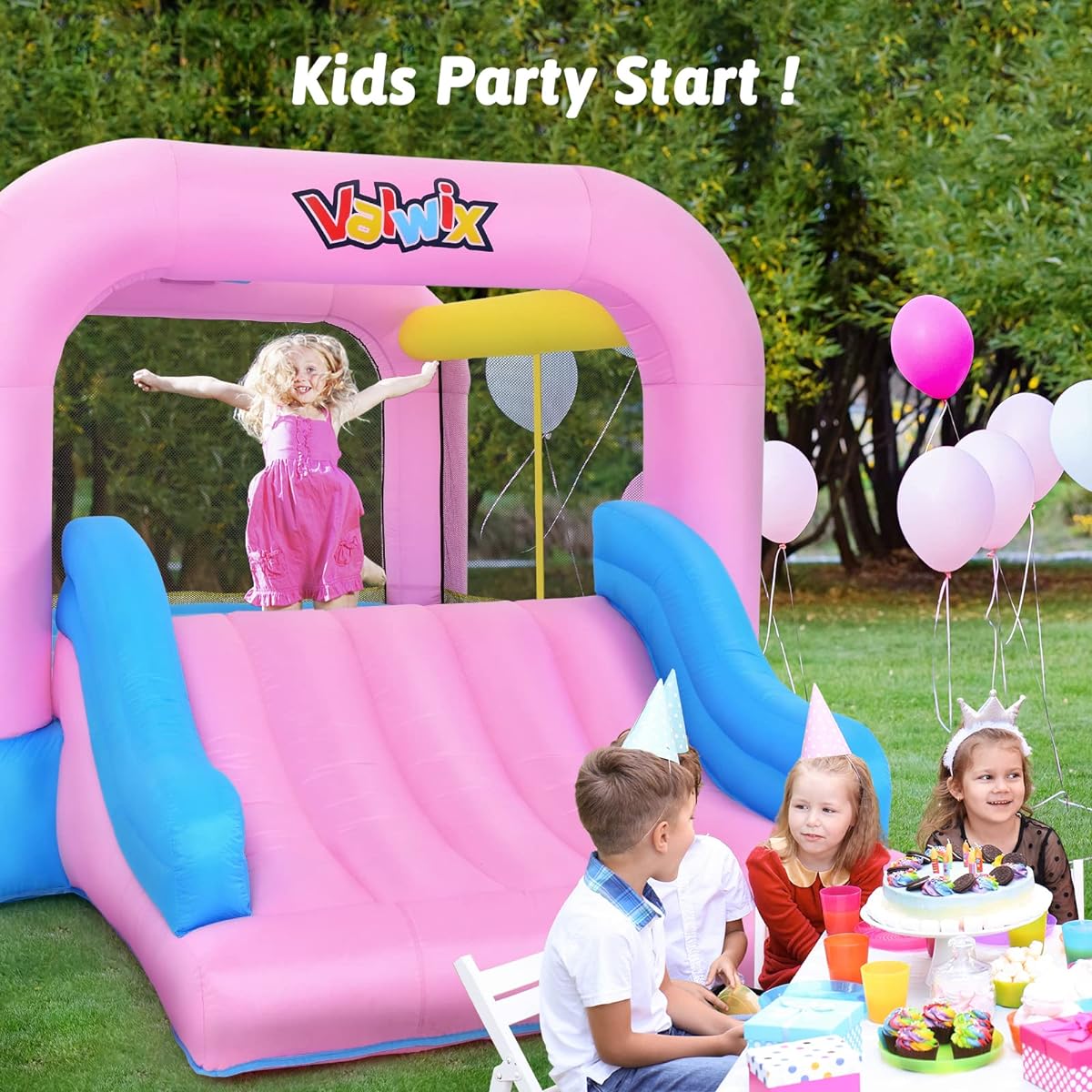 Valwix Inflatable Bounce House Pink with Blower & Wide Slide for Kids Ages 3-10, Bouncer with Large Bounce Area and Basketball Hoop, 300 lbs Capacity