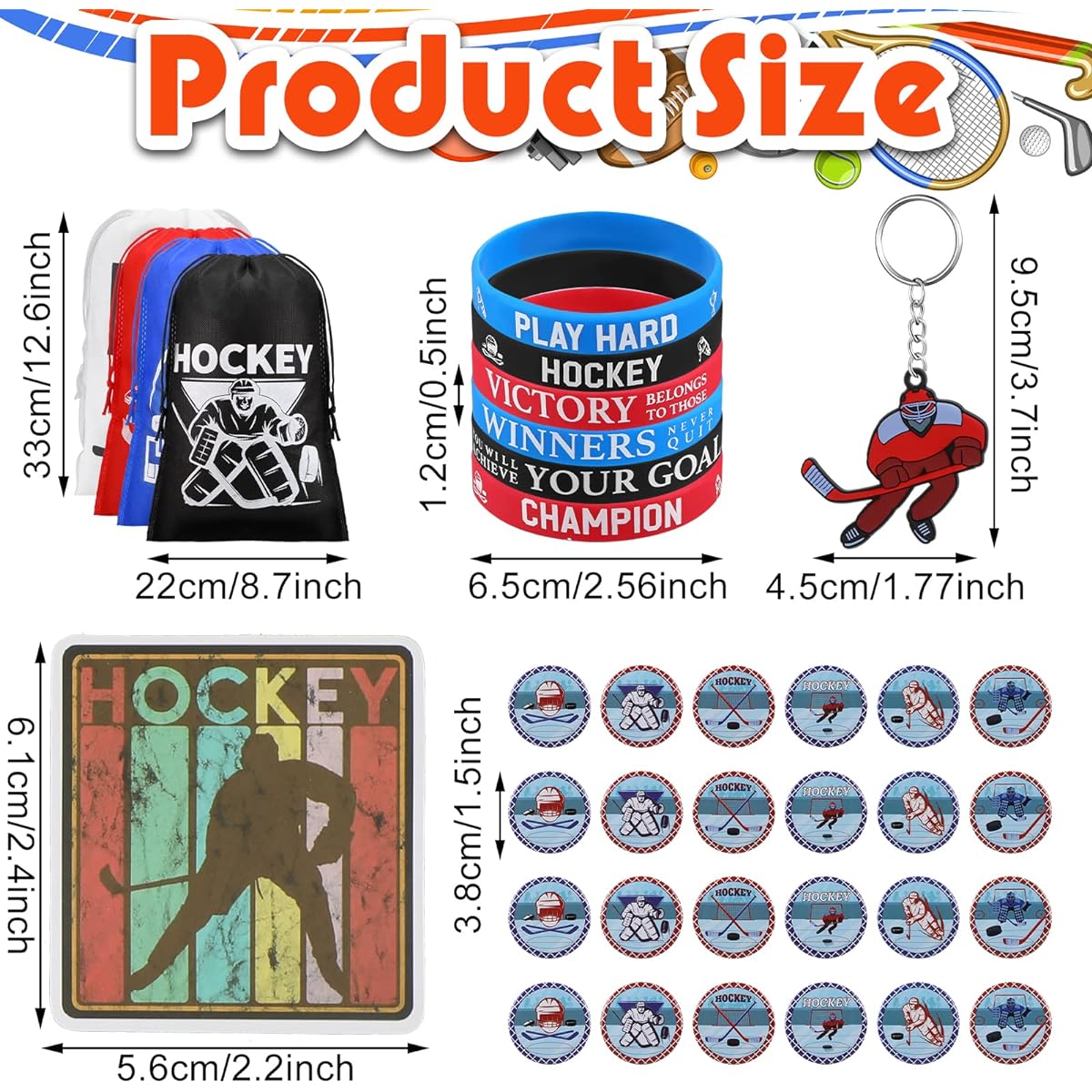 Berlune 110pcs Hockey Party Favors Hockey Keychains Hockey Drawstring Bags Silicone Bracelets Button Badges Hockey Stickers Hockey Birthday Party Supplies Bulk Hockey Bracelets for Sports Party