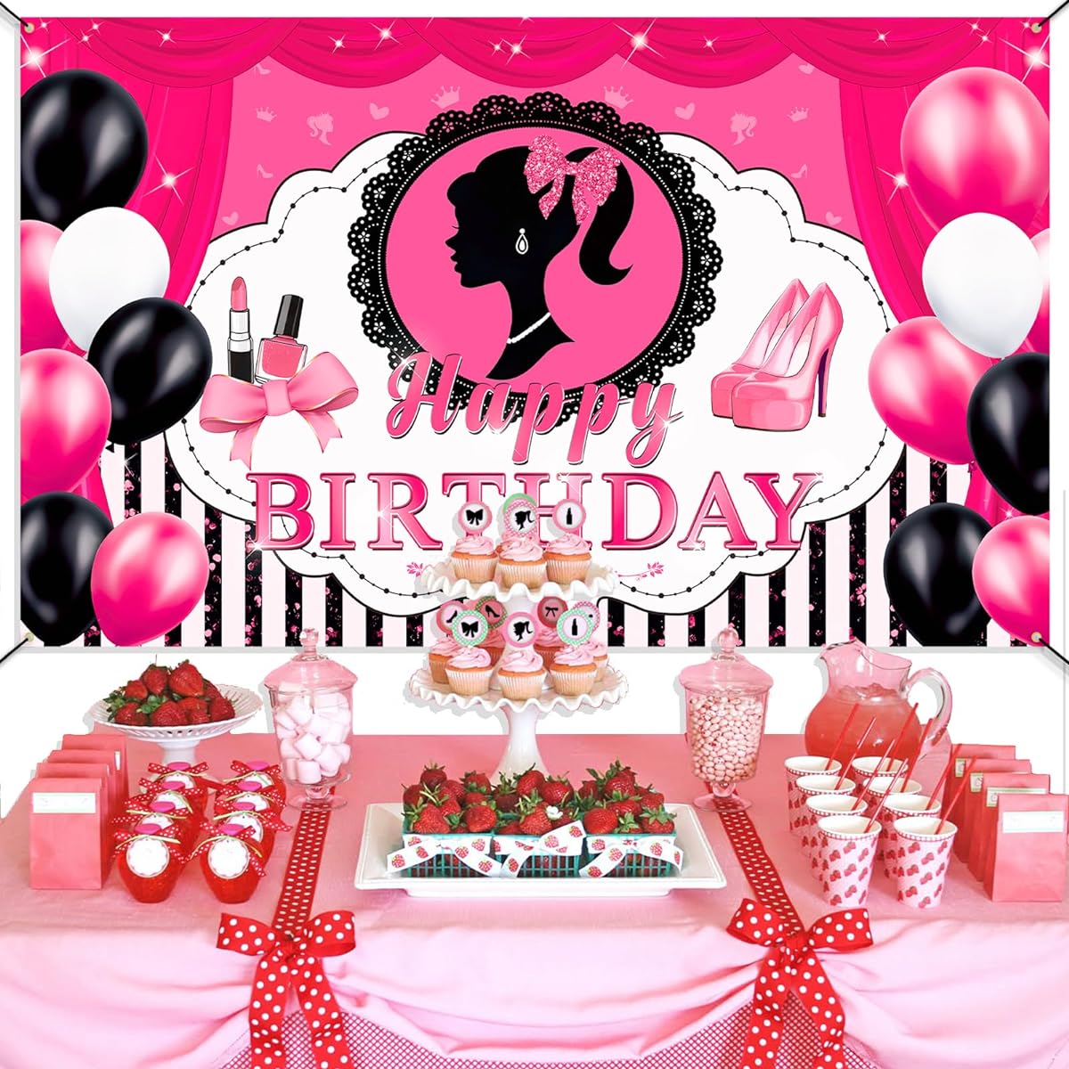 Ufocusmi Ba*bie Birthday Decorations Princess Birthday Party Supplies Ba*bie Birthday Backdrop Black & Pink Happy Birthday Banner 6 x 3ft