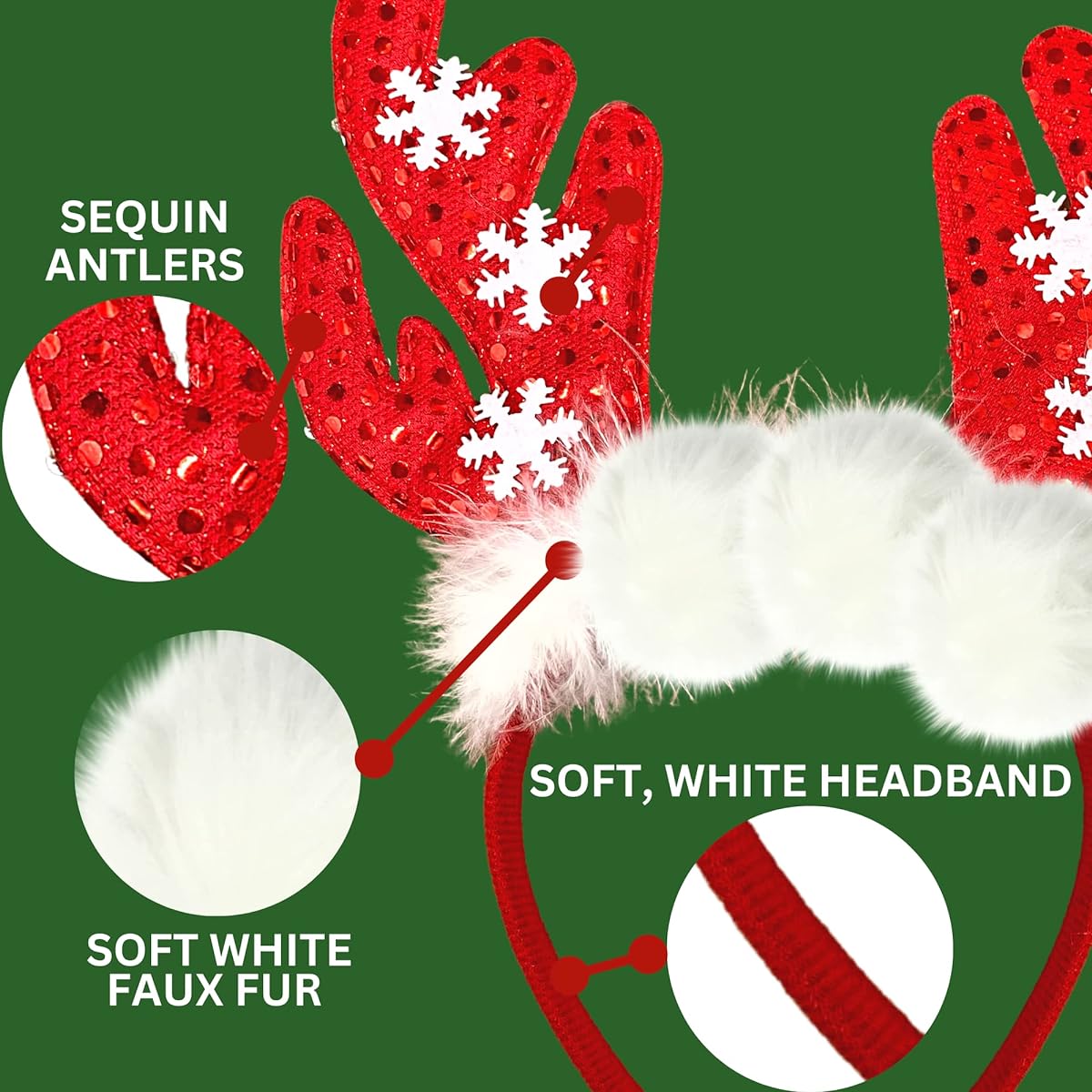 Needzo Red and White Snowflake Christmas 2022 Reindeer Antler Headband Red Sequin Hair Accessories for Holiday Party, One Size Fits Most Kids and Adults