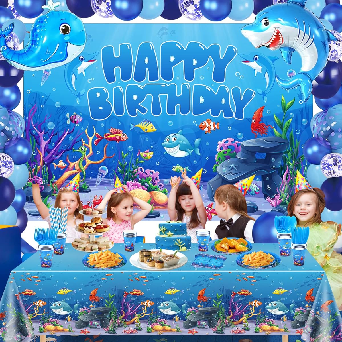Undersea Party Decoration Ocean Waves Underwater Party Supplies Sea Animal Tableware Sea Creatures Plates Sea Animals Banner Fishing Summer Beach Pool Birthday Party Supplies (Ocean-BJB)