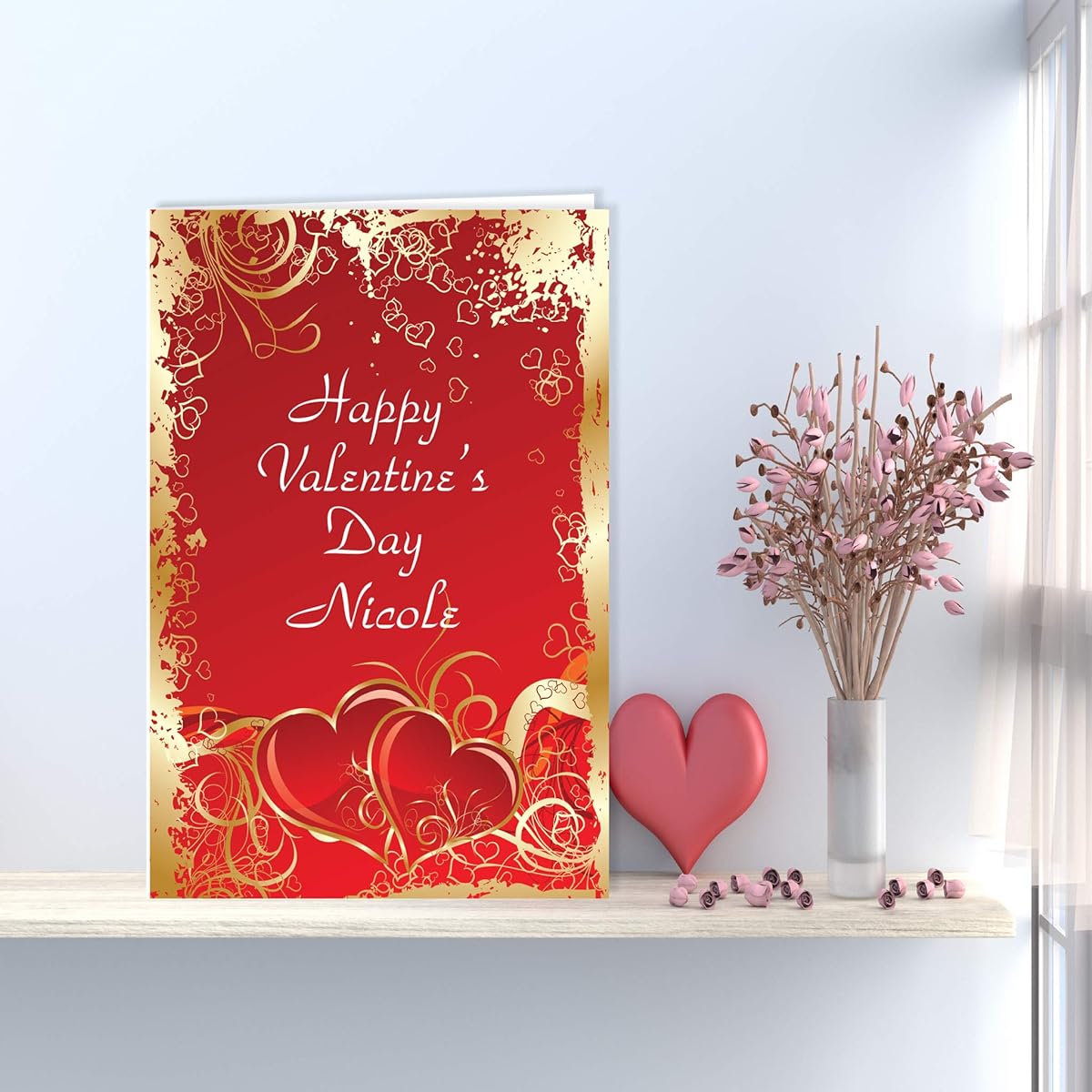 VictoryStore Jumbo 3ft Custom Valentine's Day Cards Personalize with Name Red and Gold Hearts 2ft x 3ft Cards Shipped in Jumbo Envelopes 13782