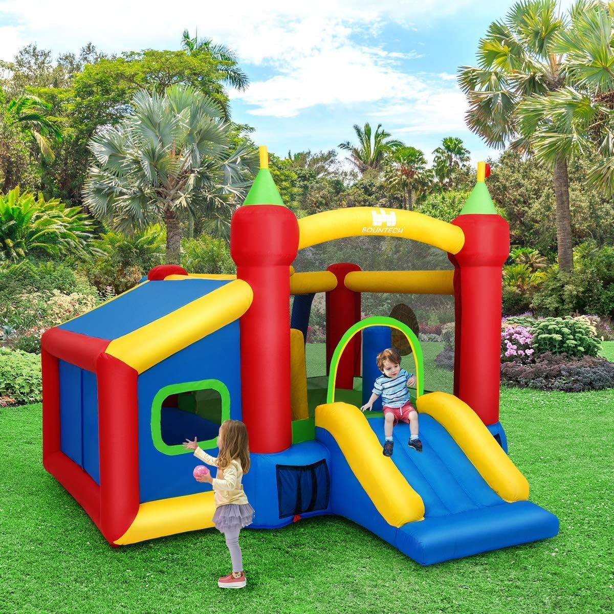 Inflatable Bounce House Bounce Trampoline Basketball Rim Dart Target Mystery House Football Play Area Kids Indoor or Outdoor Playhouse No Blower
