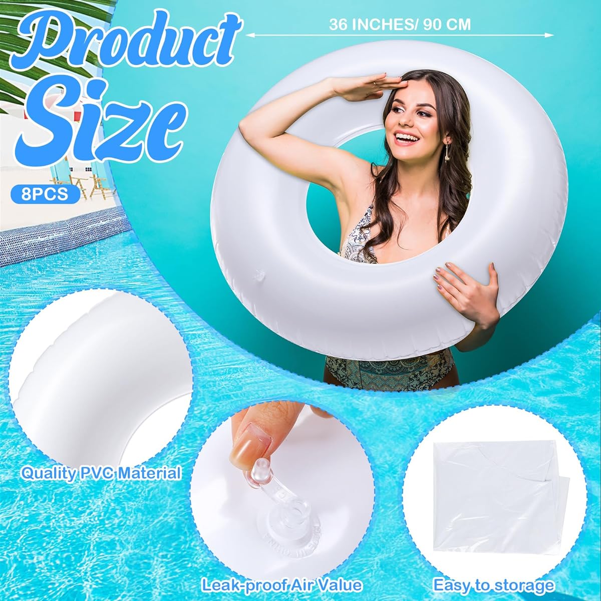 Gemscream 8pcs Large Inflatable Pool Floats 36" Swimming Ring Pool Floats for Adults Inflatable Tube Toys for Boys Girls Summer Vacation Beach River Bachelorette Wedding Party Supplies