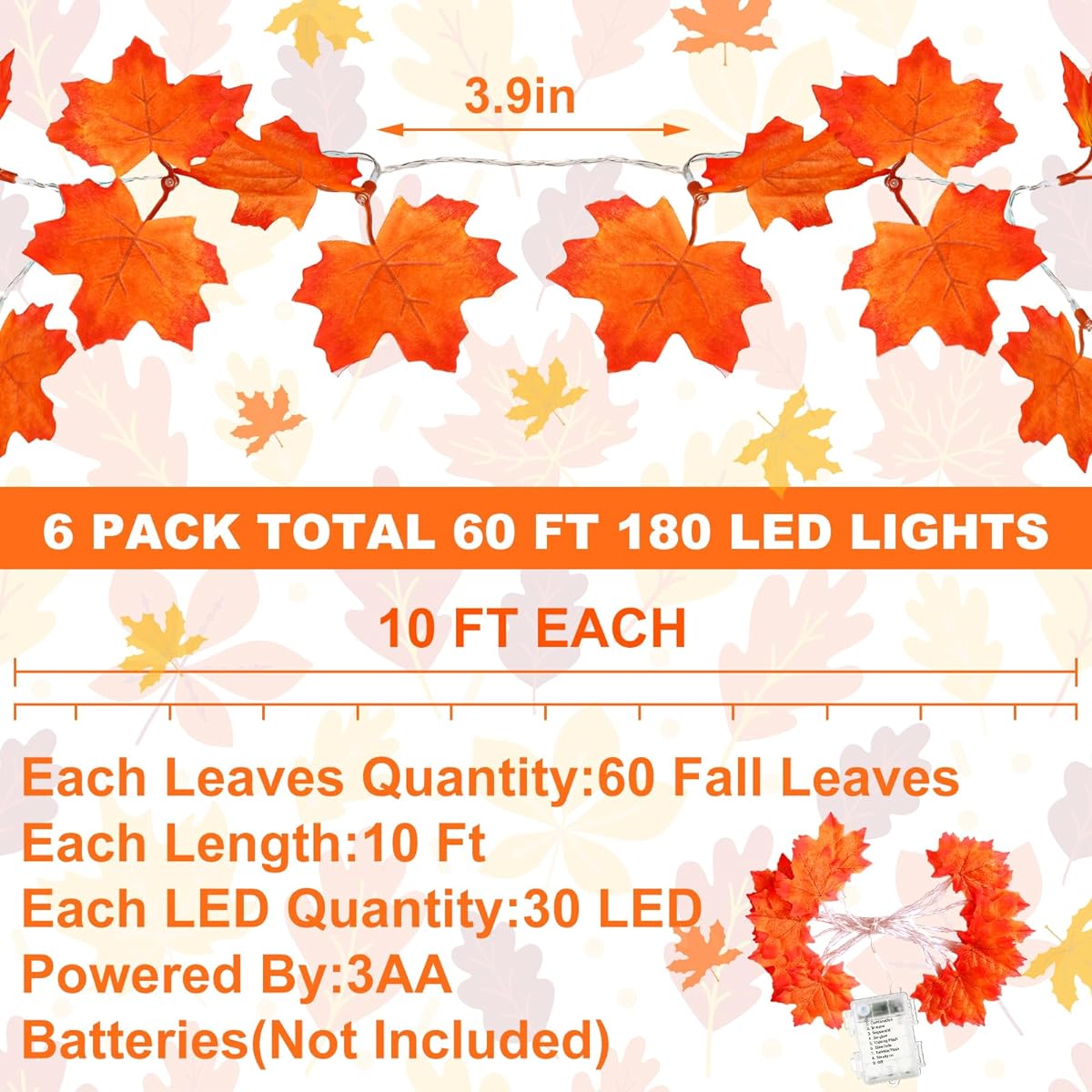 Retisee Thanksgiving Decorations Fall Decor Maple Leaf String Lights with Timer and Remote, 20ft 60 LEDs Battery Operated Waterproof Garland, 8 Lighting Modes for Indoor Outdoor (Orange, Warm White, 6 Pieces)