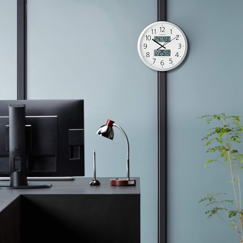 RHYTHM Wall Clock Radio Clock Office 24 Times Chime Function Temperature Humidity Calendar Time Signal Function Silver Φ38 x 5.7cm Office Supplies Factory Office Program Calendar 403SR 4FN403SR19