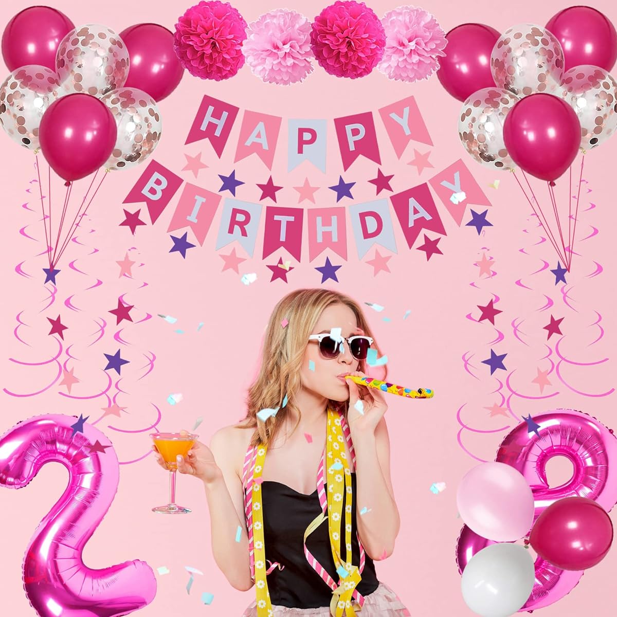 NANINUNENO 28th Birthday Decorations for Women Pink 28 Happy Birthday Balloons with Pink Happy Birthday Banner, Hot Pink Number Balloons, Pink Star Streamers, Hanging Swirls