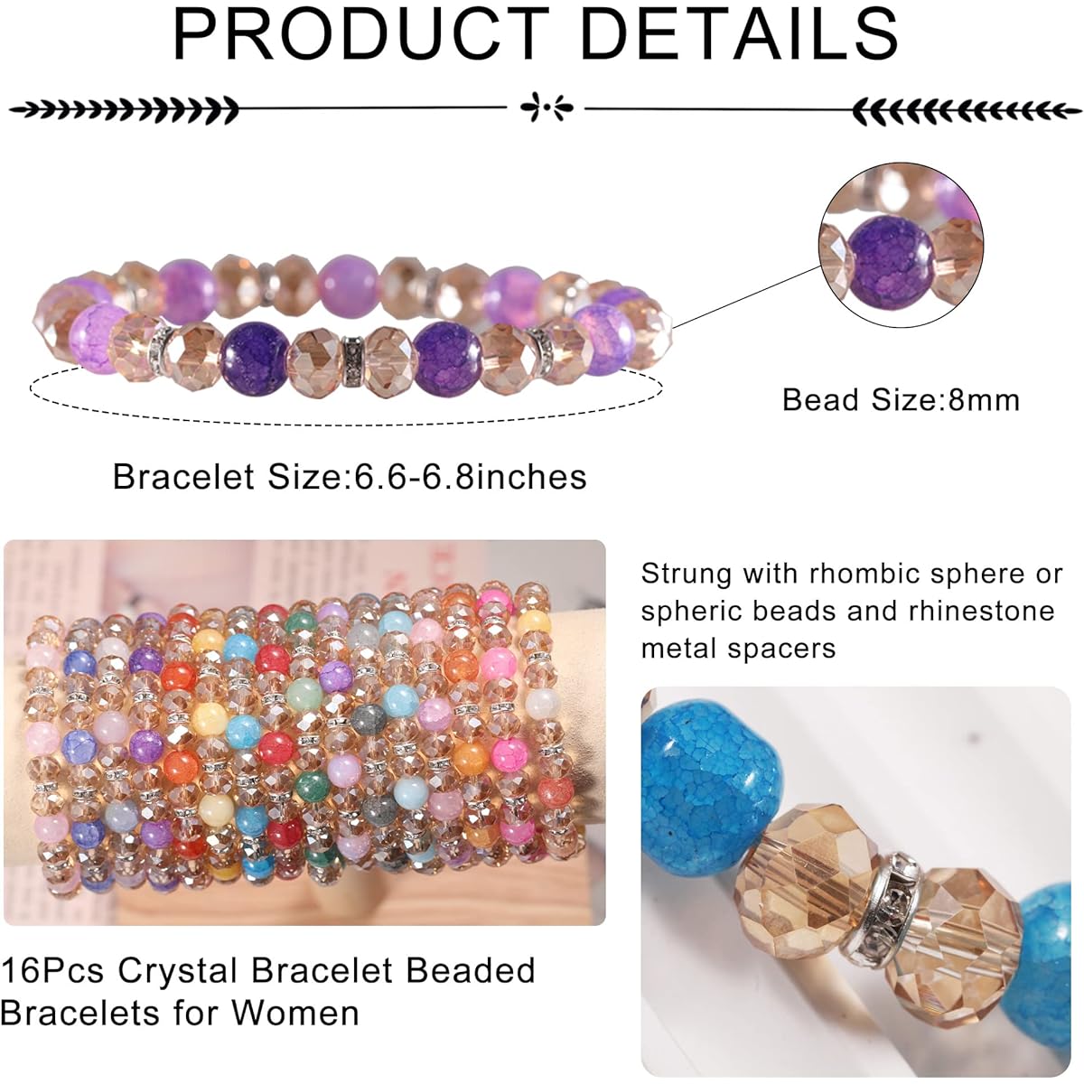 PIPITREE Crystal Bracelets Beaded Bracelets for Women Colorful Stackable Stretch Bead Bracelets Healing Crystal Rhinestone Spacer Anxiety Relief Gifts for Women 16pcs, 6.6inches, Crystal