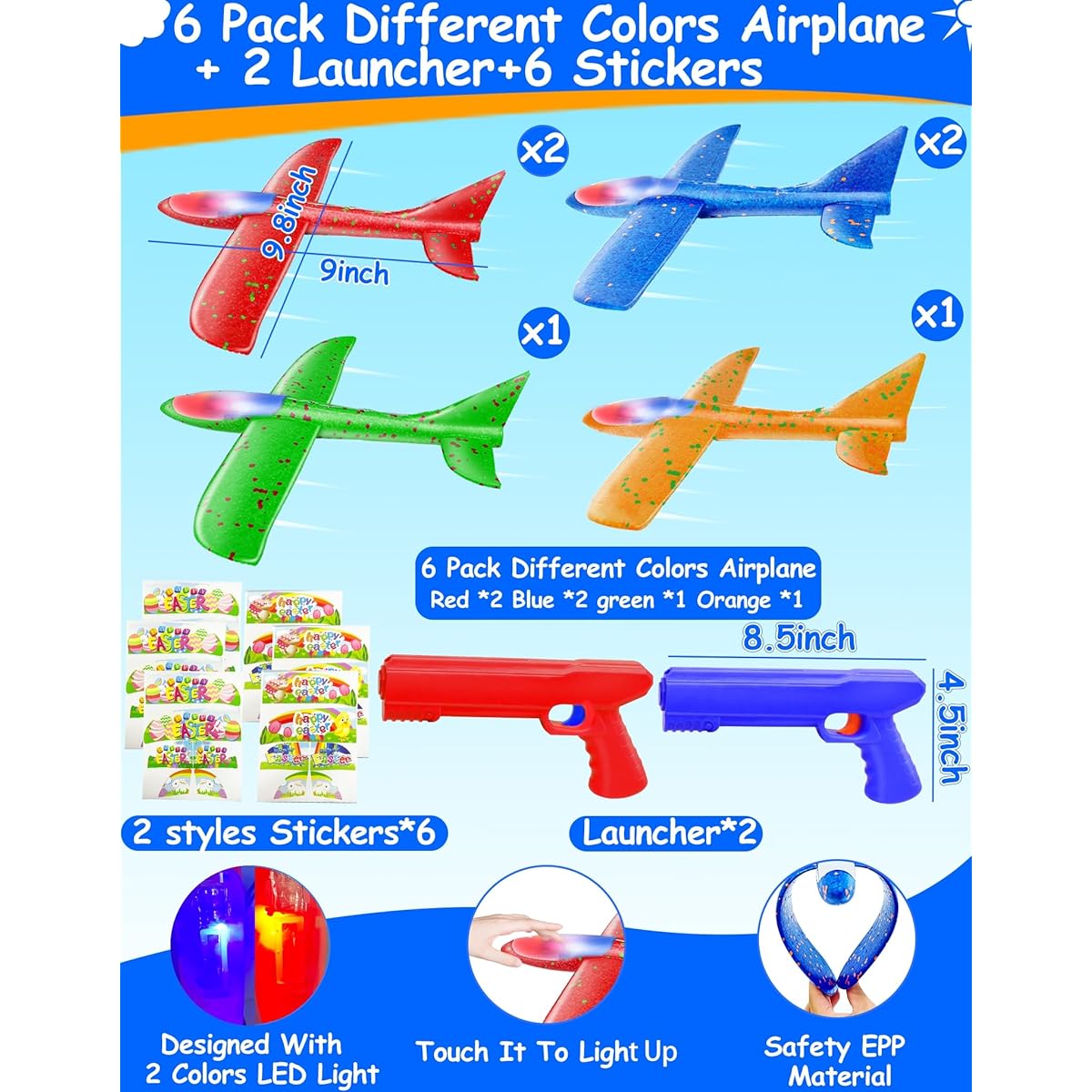 iGeeKid 6 Pack Easter Airplane Toys LED Foam Airplane Toys for Boys Outdoor Easter Basket Stuffing Toys Boys Girls Birthday Gift 4 5 6 7 8 9 10 11 12 Years Old