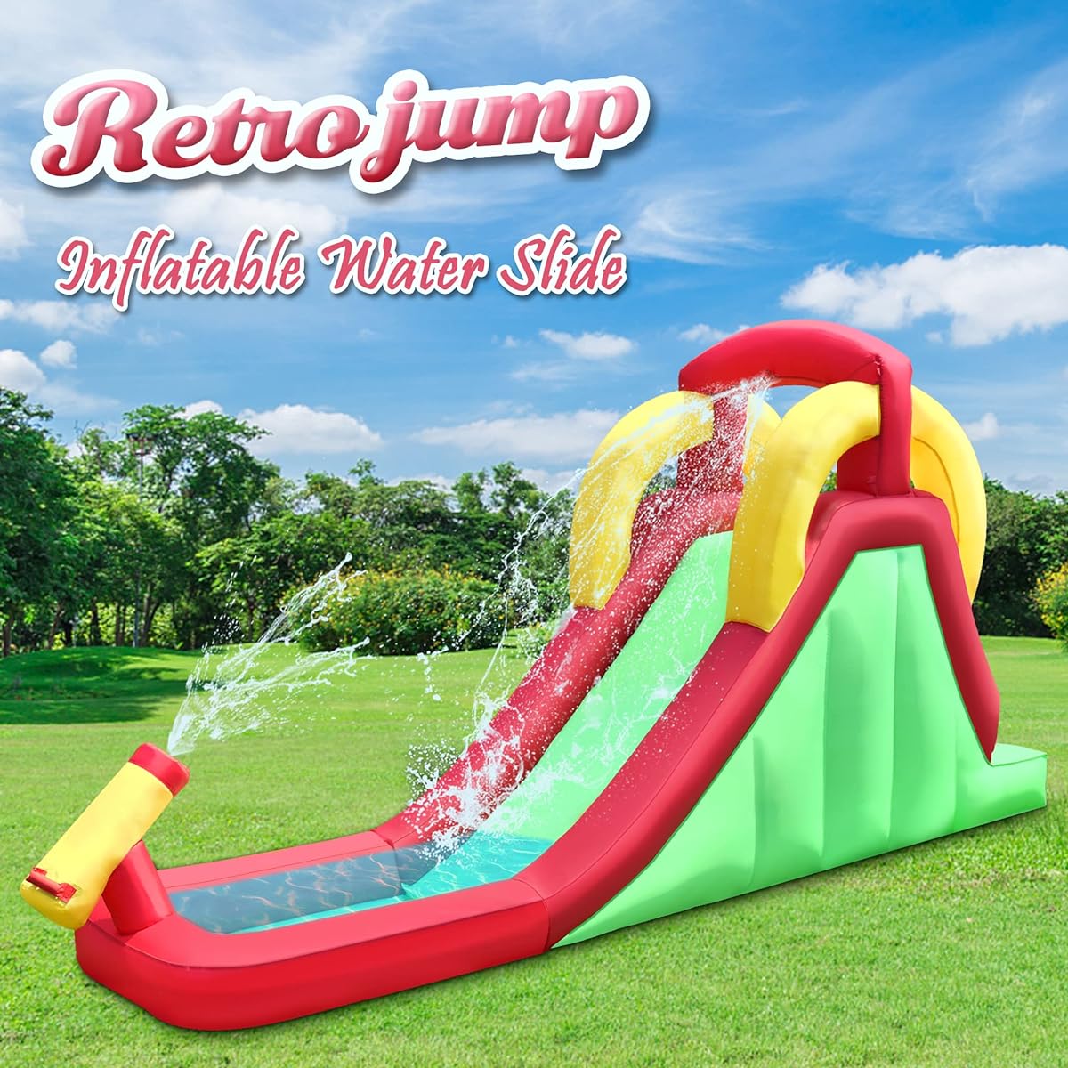 RETRO JUMP Inflatable Water Slide for Kids Backyard Climbing Wall & Splash Pool Hose Water Cannon (450W Blower Included)