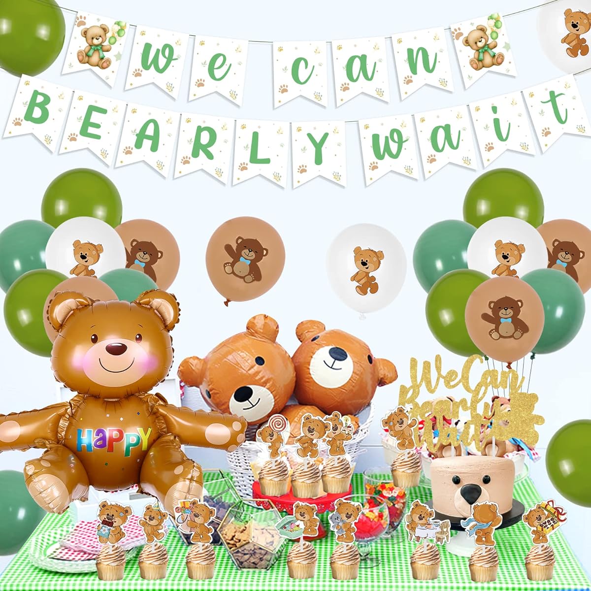 Green Bear Baby Shower Party Decorations Happy Birthday Banner Hanging Cake Topper We Can Bearly Wait Baby Shower Decorations Sage Green for Kids Baby Shower Birthday Party