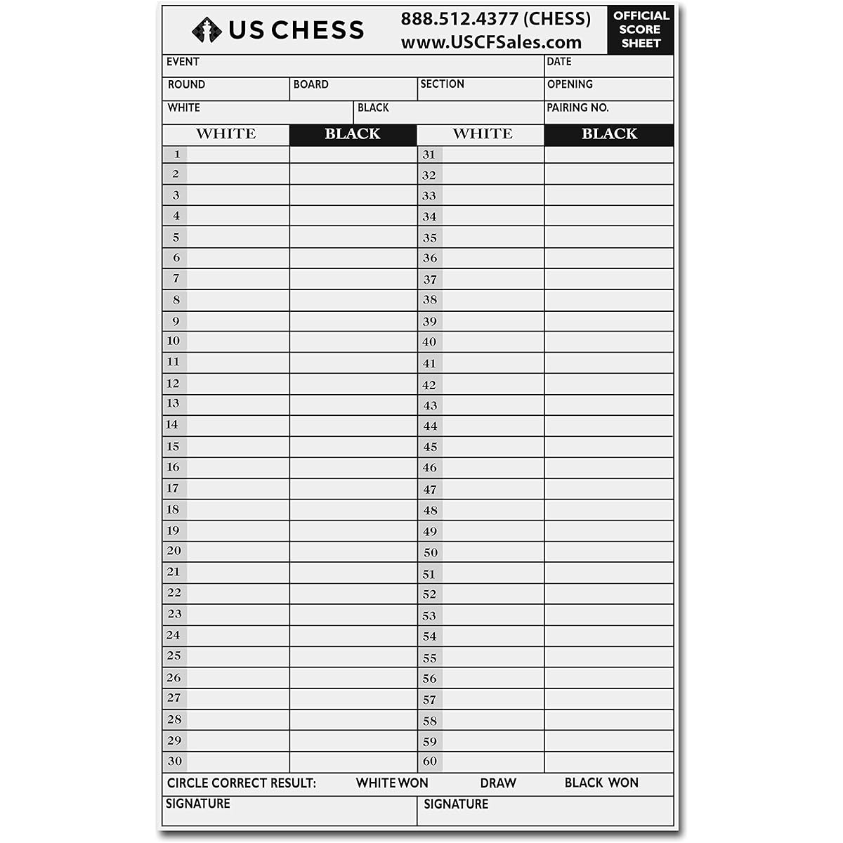 The House of Staunton Carbonless Chess Score Sheets - PACK OF 100 SHEETS - by US Chess Federation