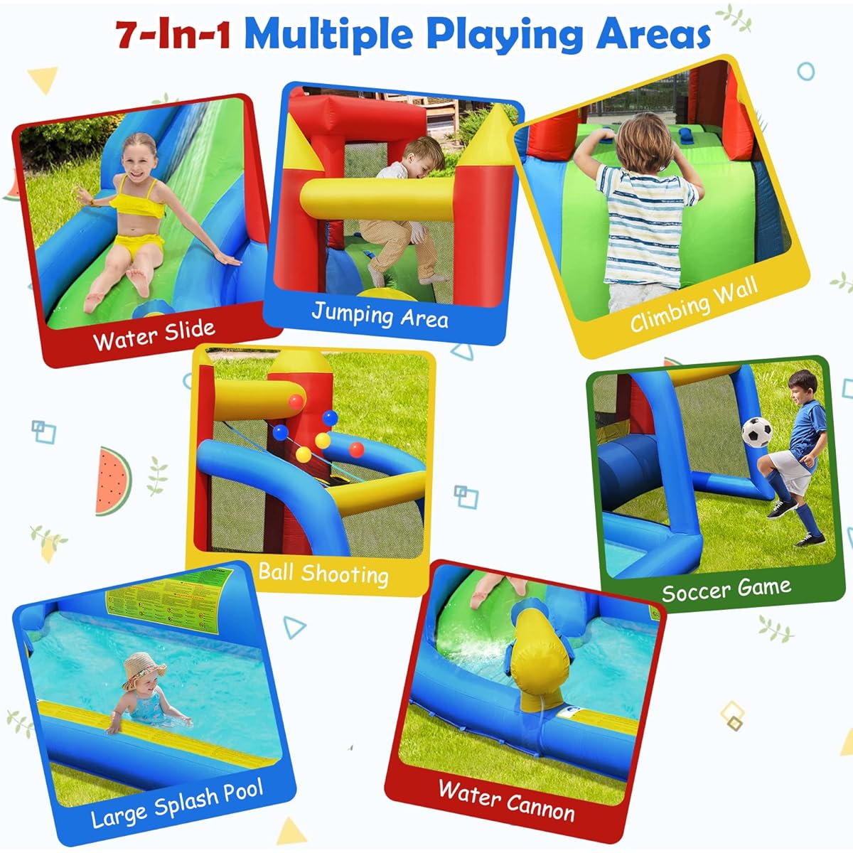 HONEY JOY Inflatable Water Slide Bounce House, 7 in 1 Kids Jumping Bouncy House w/Slide, Soccer Ball Gate, Climbing Wall, Splash Pool, Cannon, Outdoor Bombing Water Slide Park for Kids (740W Blower Included)