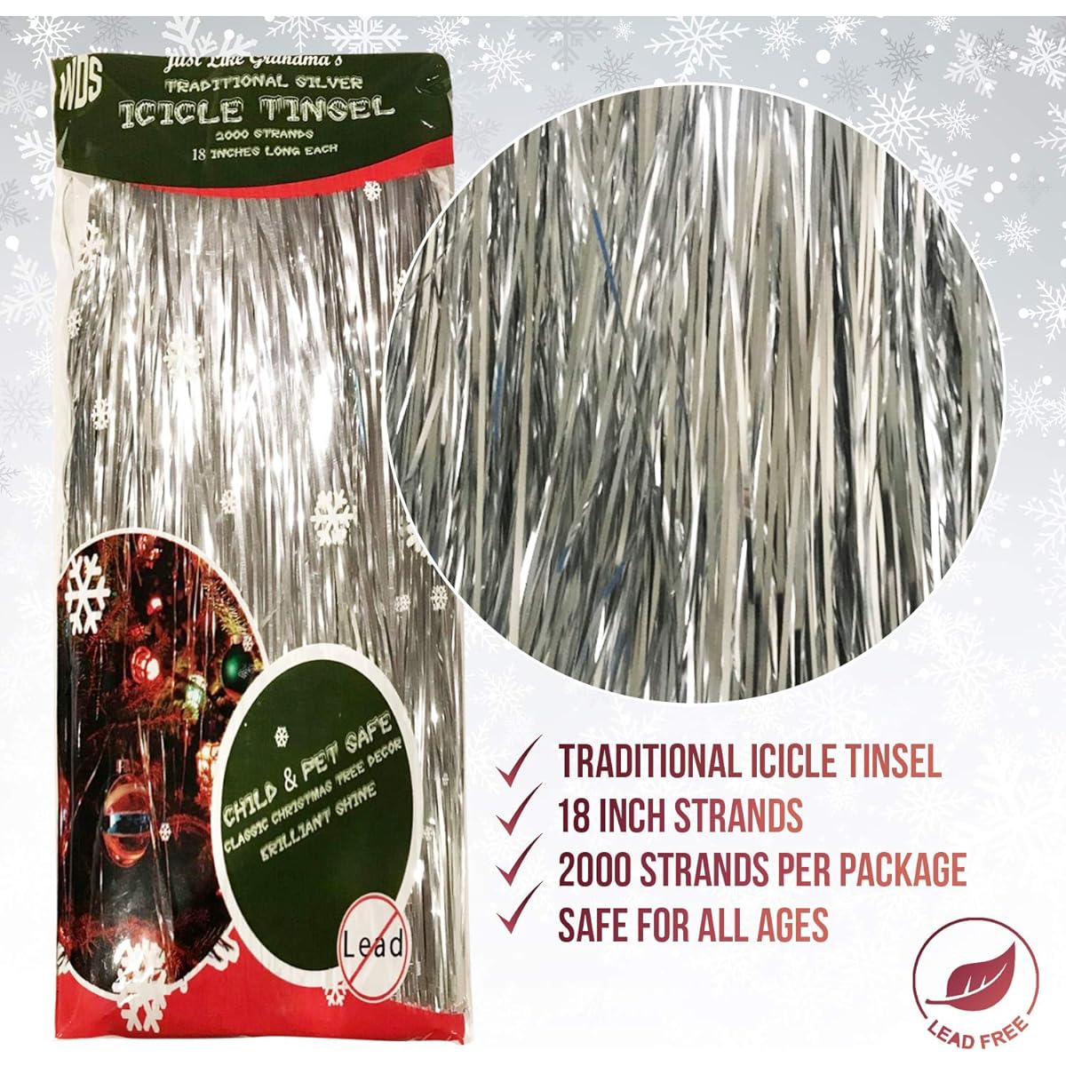 Premium Icicle Tinsel Garland for Christmas Trees - 2000 Old Fashion Shiny Mylar Twine - Each Strand 18" Long - Safe for Kids and Pets (Lead Free) - Ornaments and Christmas Decorations (Silver)