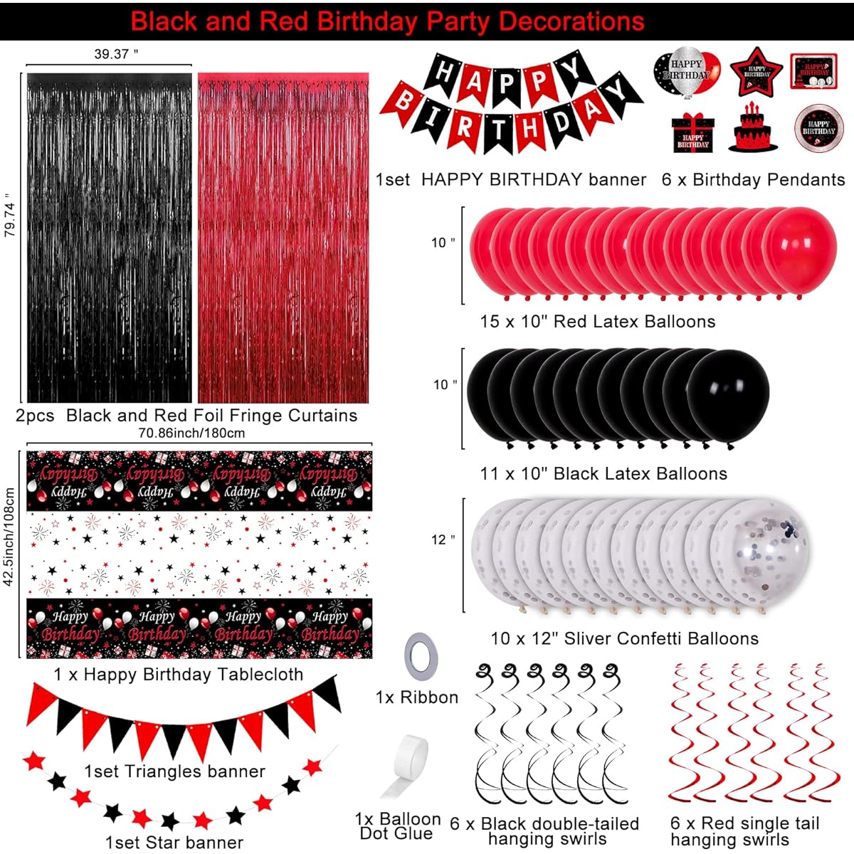 Red and Black Birthday Decorations Unisex Birthday Party Decorations for Boys and Girls Happy Birthday Banner Tablecloth Foil Fringe Curtains Hanging Swirls Decor Black & Red Party Decorations Birthday Party Supplies
