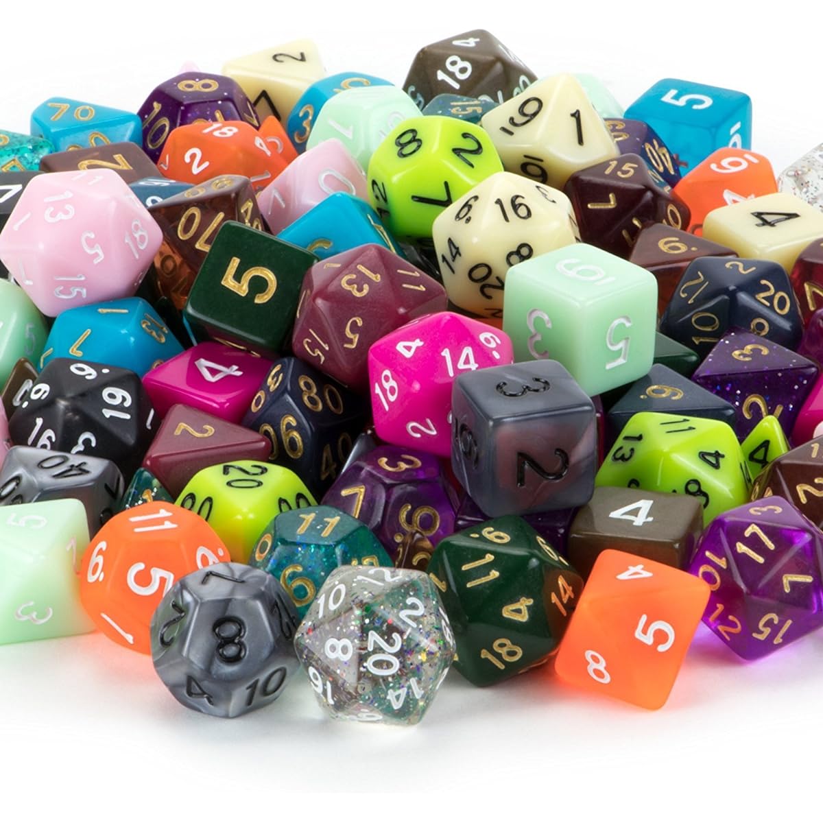 Wiz Dice Series III 100+ Pack of Random Polyhedral Dice Sets, New Neon, Pearl, Translucent, Solid, and Glitter Treatments