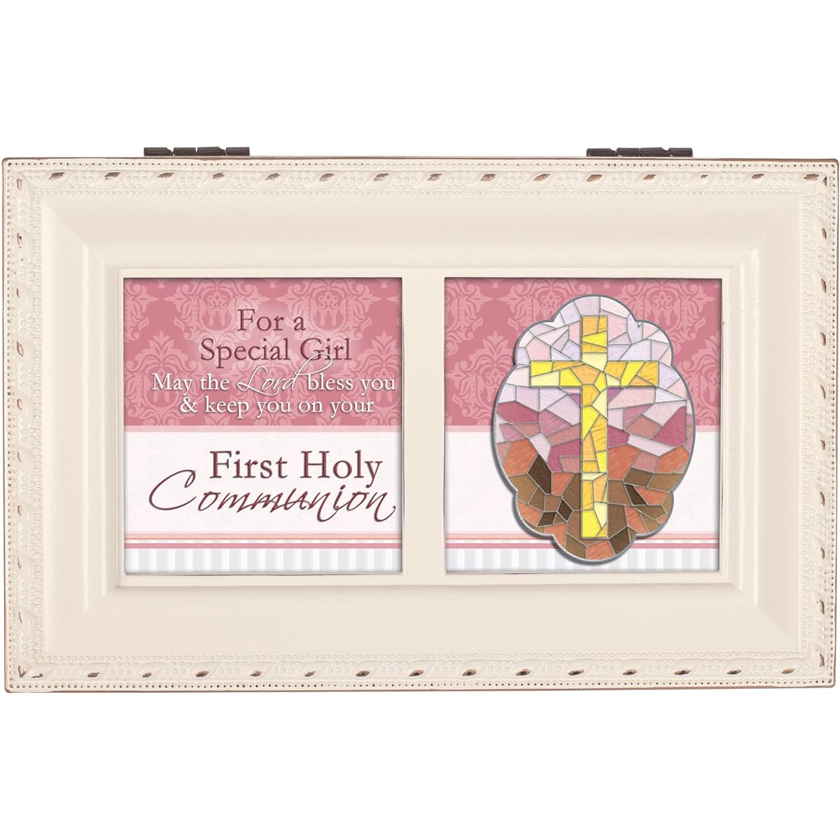 First Communion Special Girl Small Ivory with Gold Trim Jewelry Music Box Plays Ave Maria