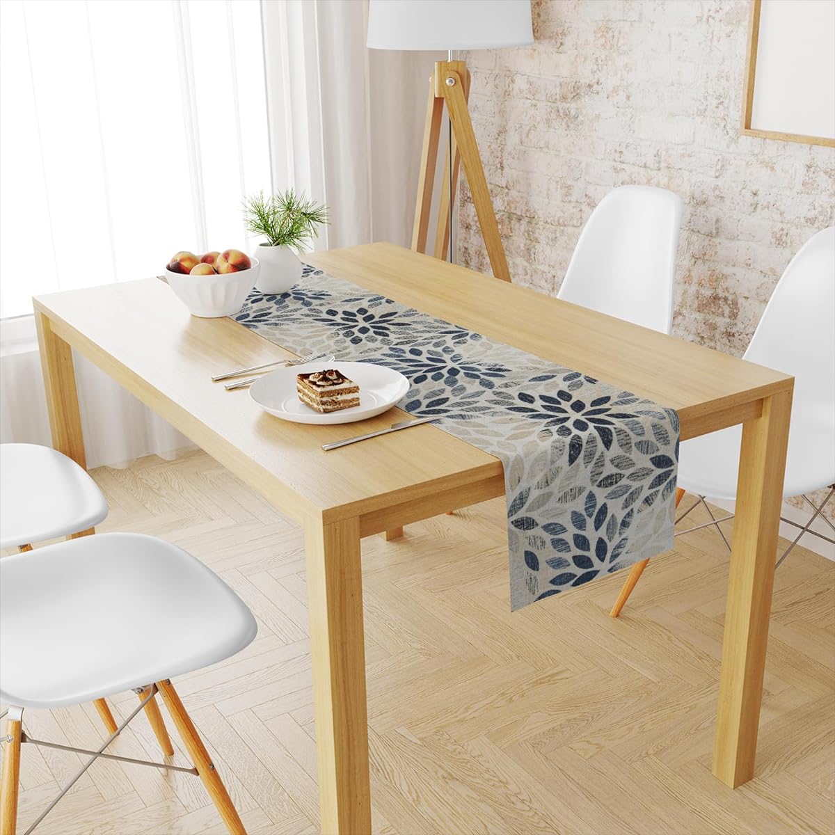 Snycler Dahlia Table Runner Navy Blue Dahlia Pinata Flower Table Runner Modern Elegant Pom Pom Farmhouse Geometric Pattern Table Center Linen Decor Home Dining Party Entrance (13x108 Inch)