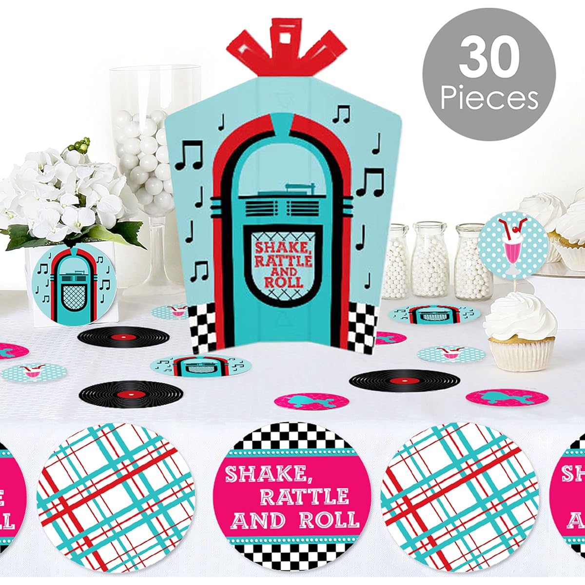 Big Dot of Happiness 50's Sock Hop - 1950s Rock n Roll Party Decorations and Confetti - Amazing Table Centerpiece Kit - Set of 30