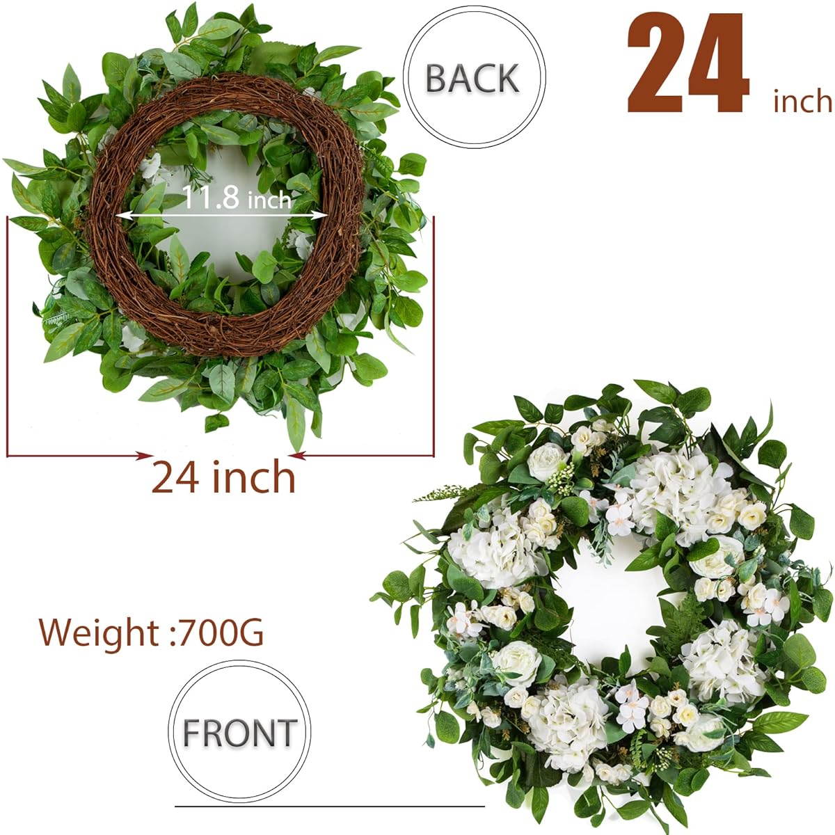 Spring Summer Wreath for Entryway 24" White Eucalyptus Wreath with Flowers Outdoor Easter Wreath Entryway Decor St. Patrick's Day Wreath Green Wreath Farmhouse