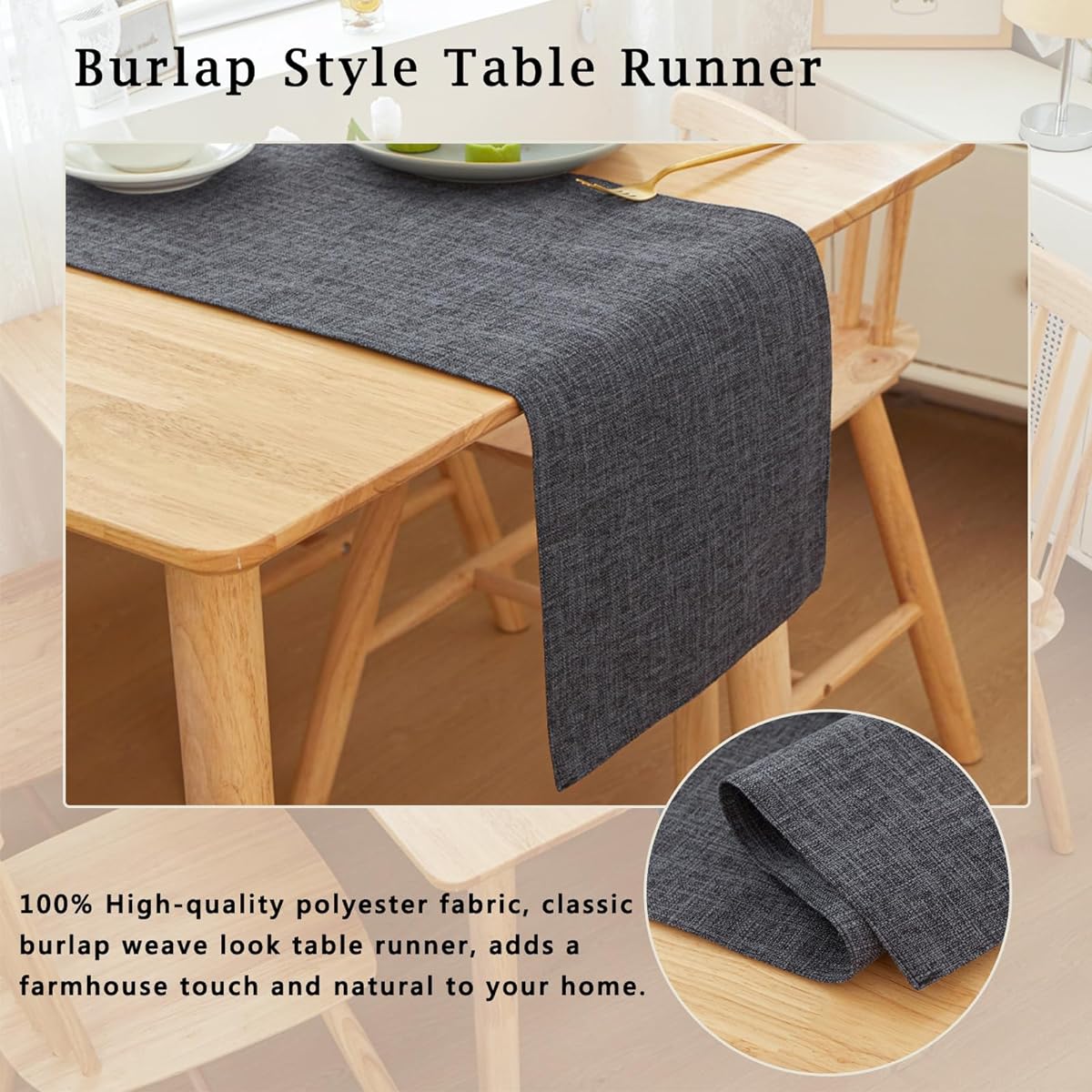 KRFOONN Burlap Farmhouse Table Runner Home Decor 12" x 83" Rustic Linen Style Kitchen Dining Table Runner Cloth for Holiday Parties Weddings Dining Table Decor Everyday Black