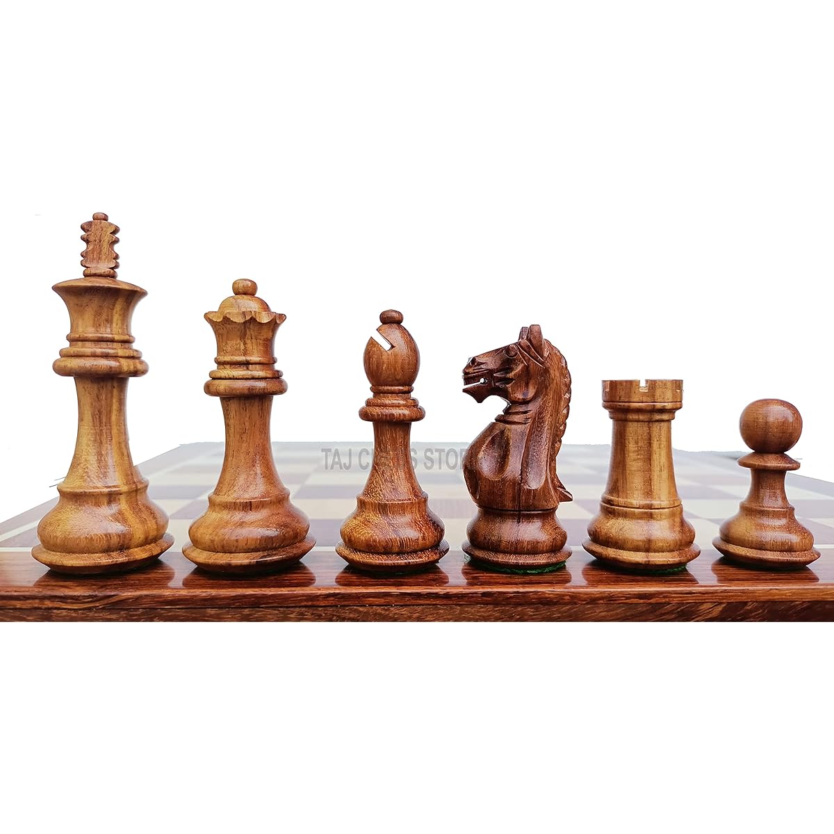 TAJ CHESS STORE Handcrafted Staunton Chess Pieces with 2 Spare Queens 3.5 Fierce Knights Heavy Golden Rosewood Forever Chess Set