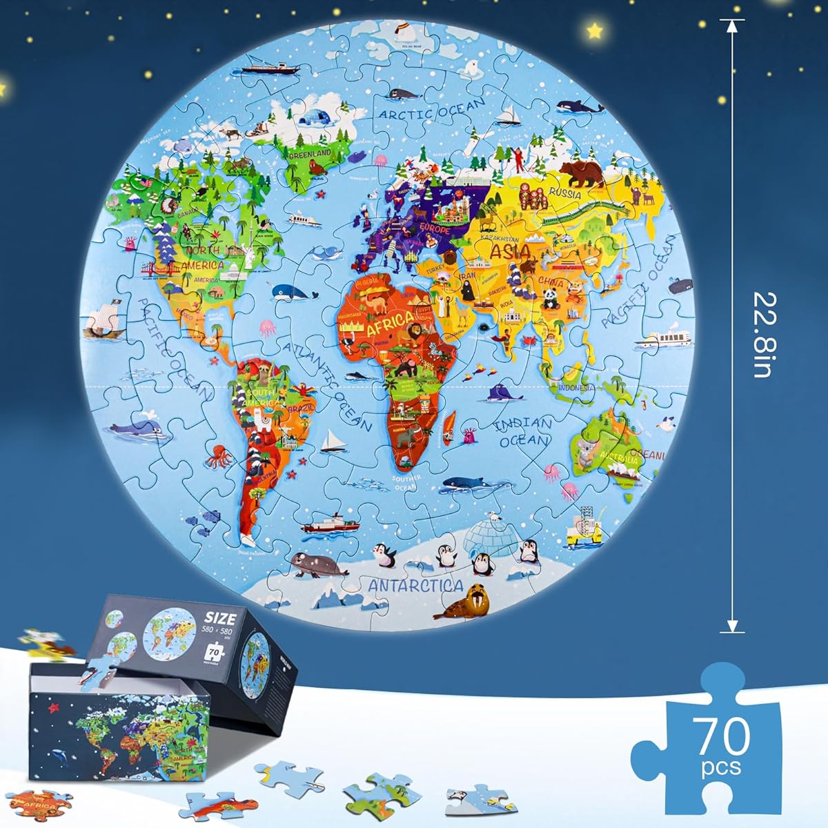 DIGOBAY World Map Jigsaw Puzzle for Kids Age 4-8 70 Pieces Globe Large Round Floor Puzzle for 3-5 Years Old Toddlers Puzzle Geography Game Educational Toy Birthday Gift for Children