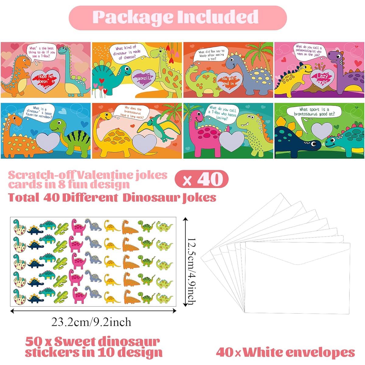 40 Pack Dinosaur Scratch Off Valentine Joke Cards for Kids with Envelope Stickers Dinosaur Valentine's Day Exchange Scratch Off Funny Joke Cards for School Classroom Exchange Gift Game Party Favors