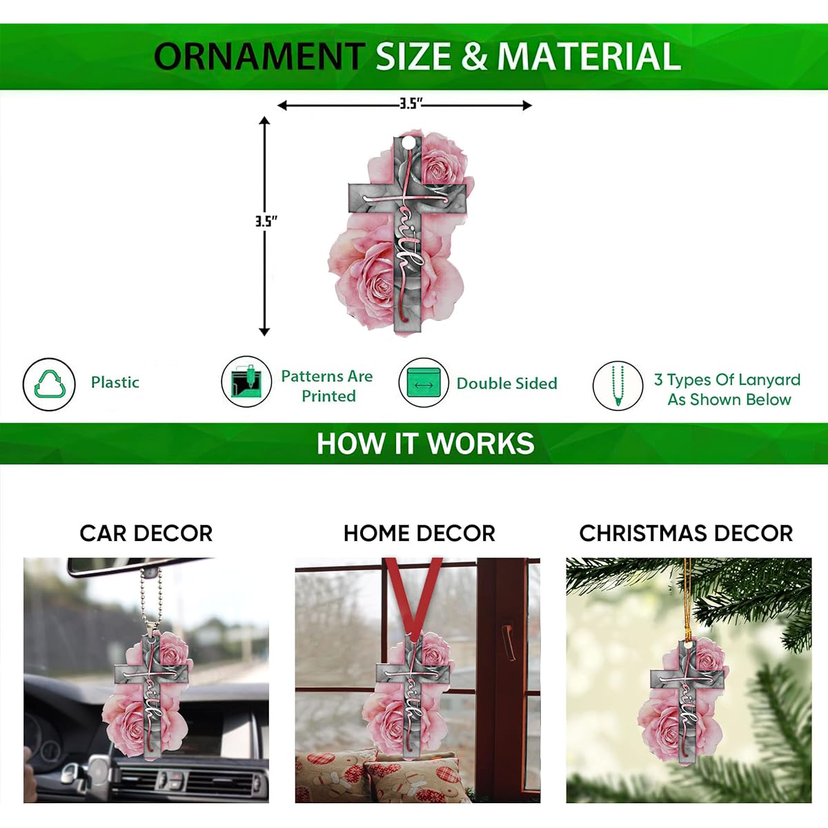 Talataca Pink Cross Rose God Faith Christian Jesus Car Rear View Mirror Accessories Christmas Tree Ornament Decoration Hanging Charm Interior Back Pendant Decoration Gift