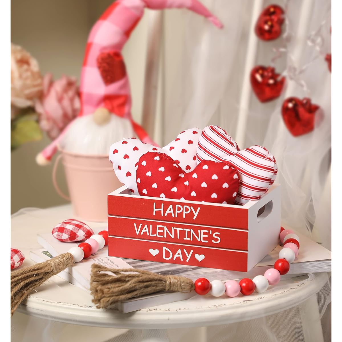 KORMMCO Valentine's Day Mini Crate for Tiered Trays, Valentine's Day Table Centerpieces with Fabric Heart Pillows, Farmhouse Table Decor Kit, Red