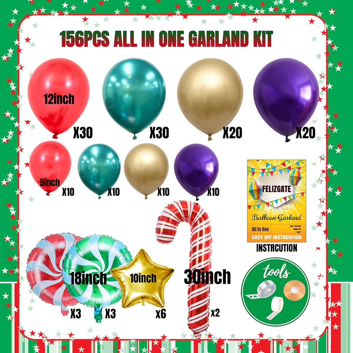 Christmas Balloon Garland Arch Kit - 26ft 156pcs Red Green Purple Gold Balloons Candy Pinwheel Star Mylar Balloons Grinch for Christmas Party Decorations