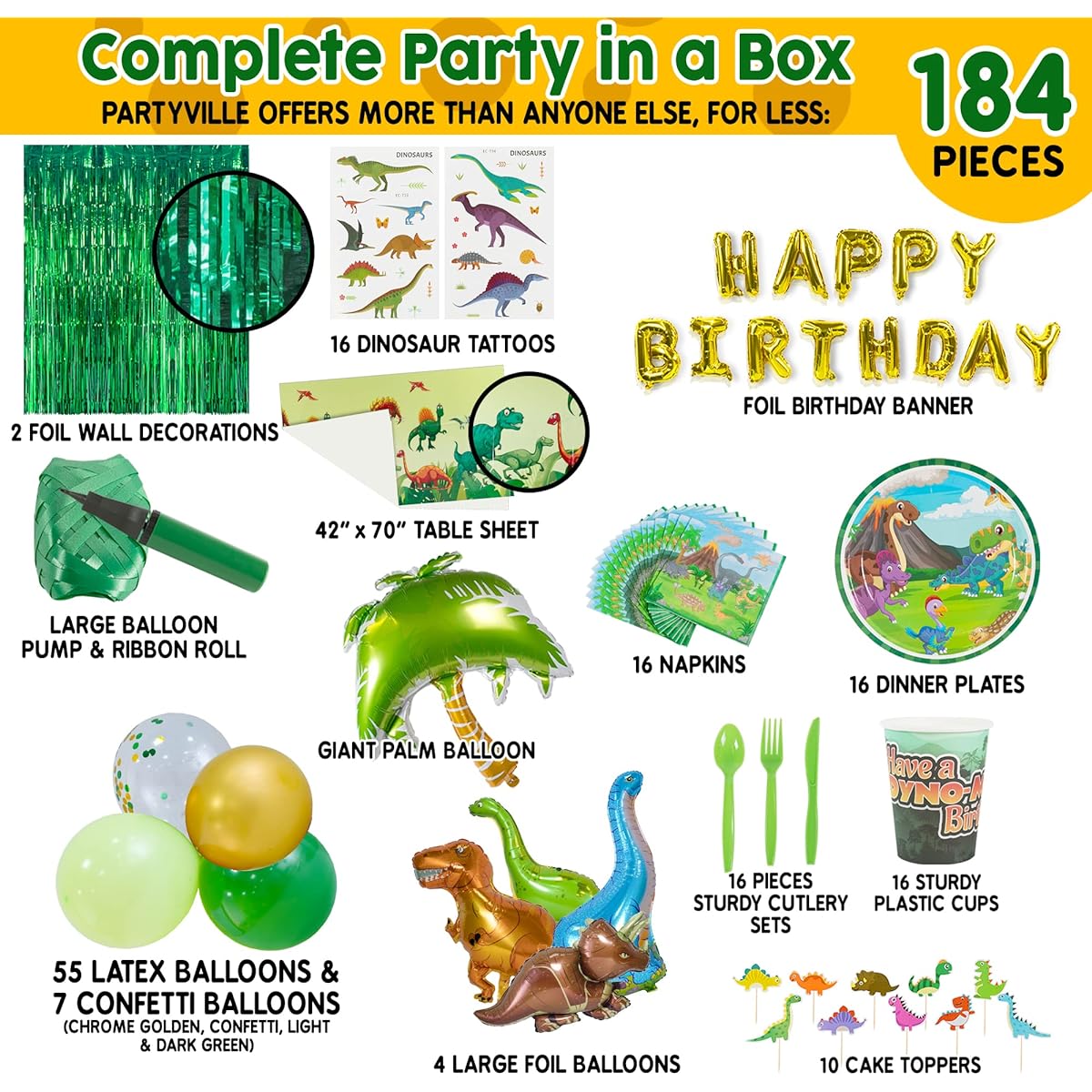 Partyville Dinosaur Party Decorations - Dinosaur Birthday Party Supplies Kit Including Plates, Cups, Napkins, Banner, Cutlery, Balloons Pumps Tablecloth etc