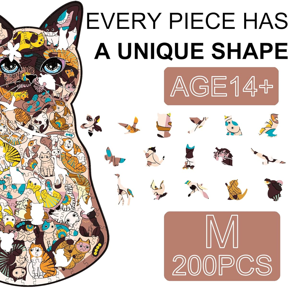 NKTDWO Wooden Puzzle for Adults 200 Pieces Cat Jigsaw Puzzle Unique Shaped Pieces Wooden Jigsaw Puzzle Gift Box for Family and Friends Kids Teens (Many Cats, M)